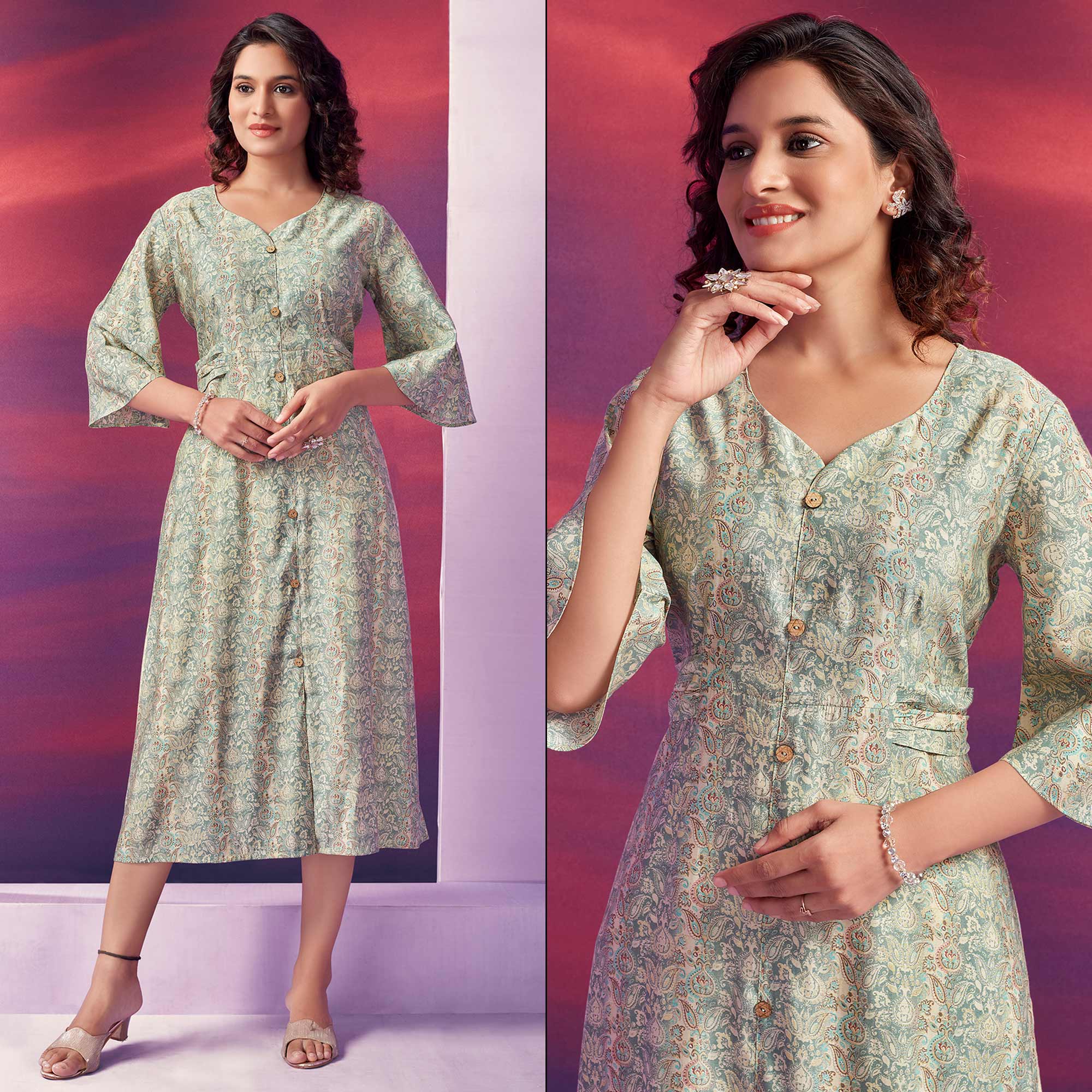 Green Floral Foil Printed Chanderi Silk Dress