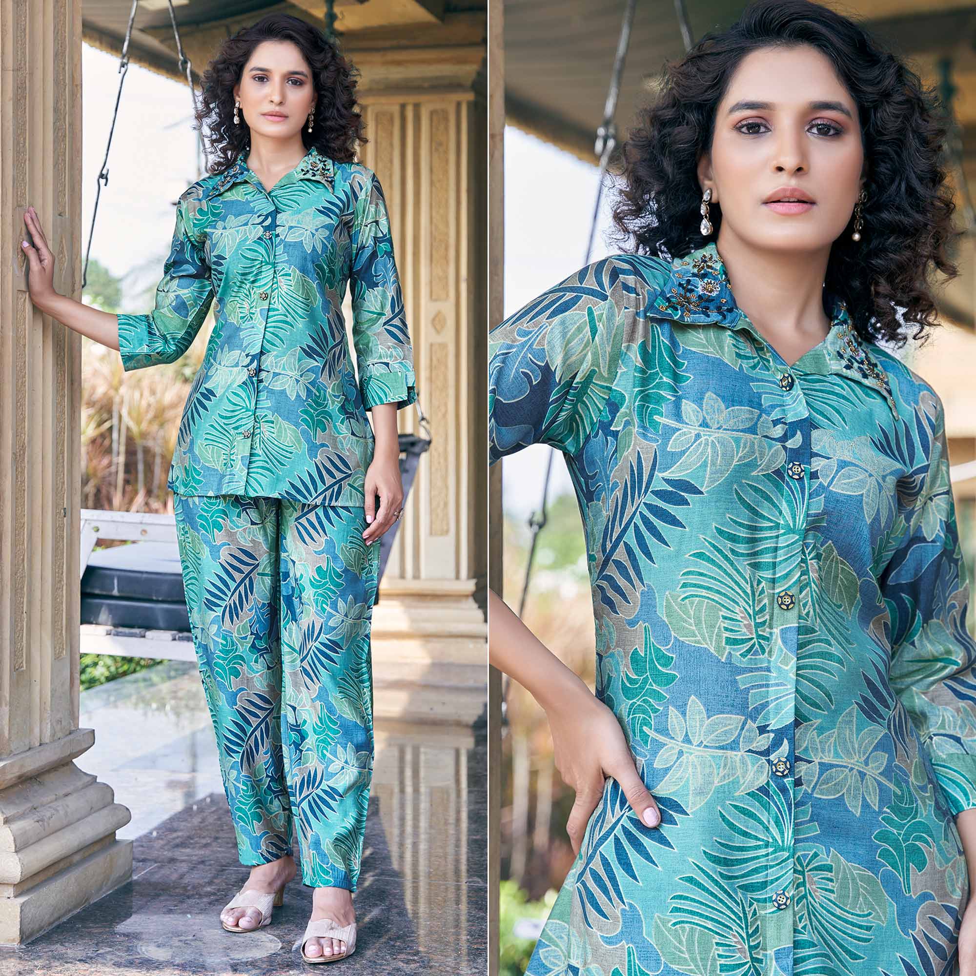 Green Foil Printed Chanderi Silk Co Ord Set