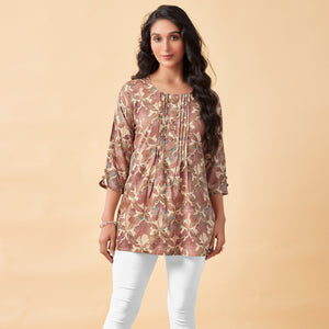 Brown Floral Foil Printed Rayon Top