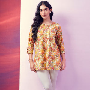 Yellow Floral Foil Printed Rayon Top