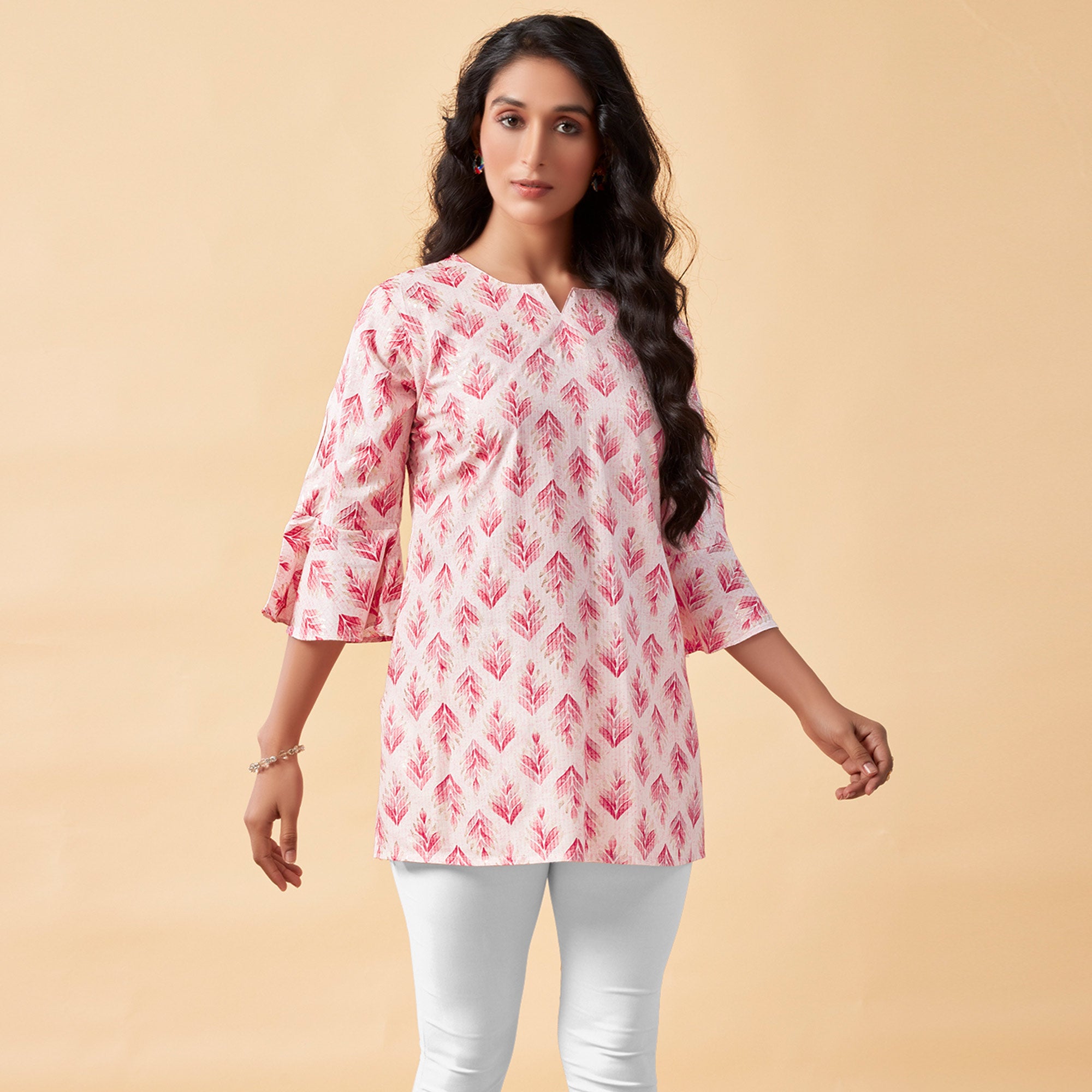 White & Pink Floral Foil Printed Rayon Top