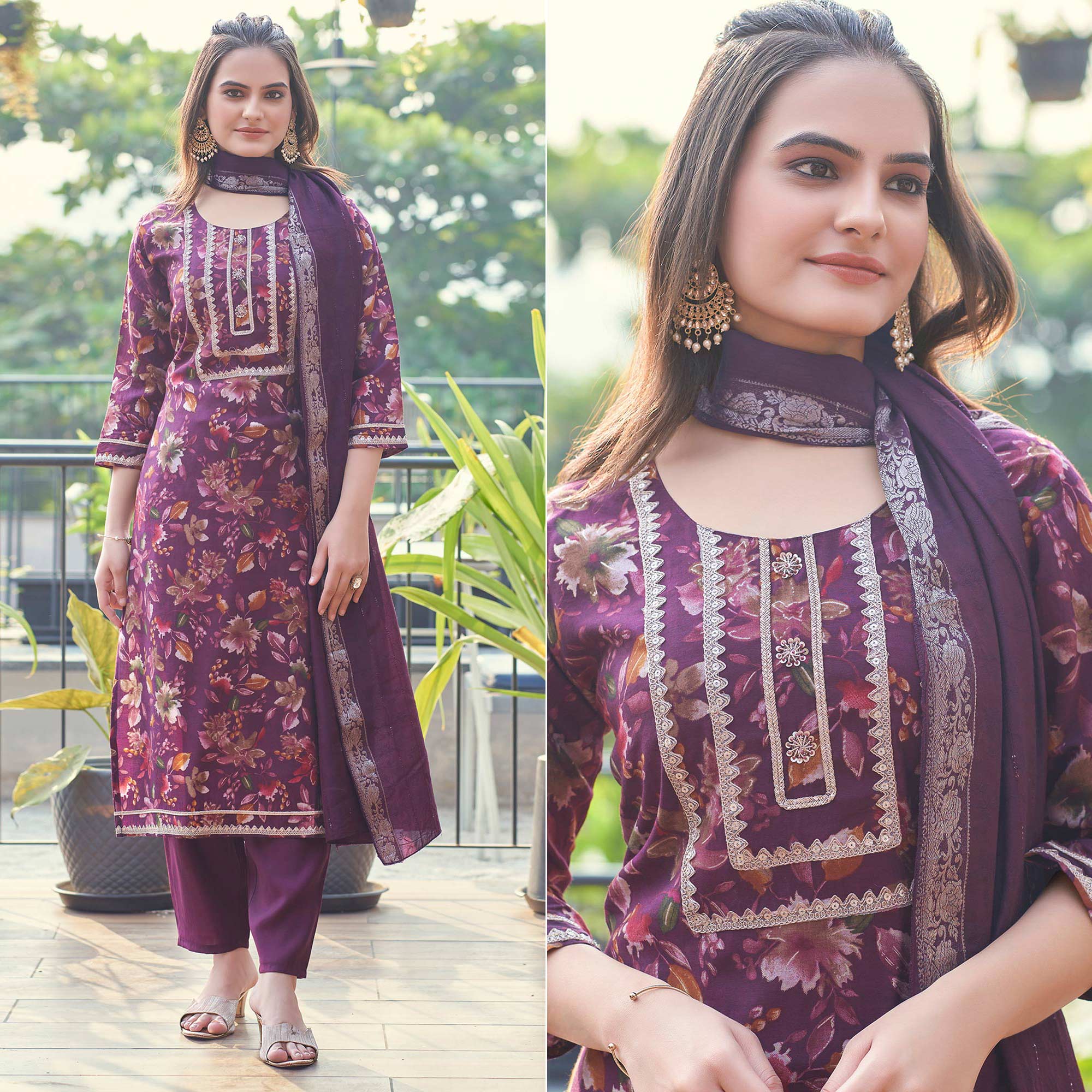 Purple Floral Printed Chanderi Silk Salwar Suit