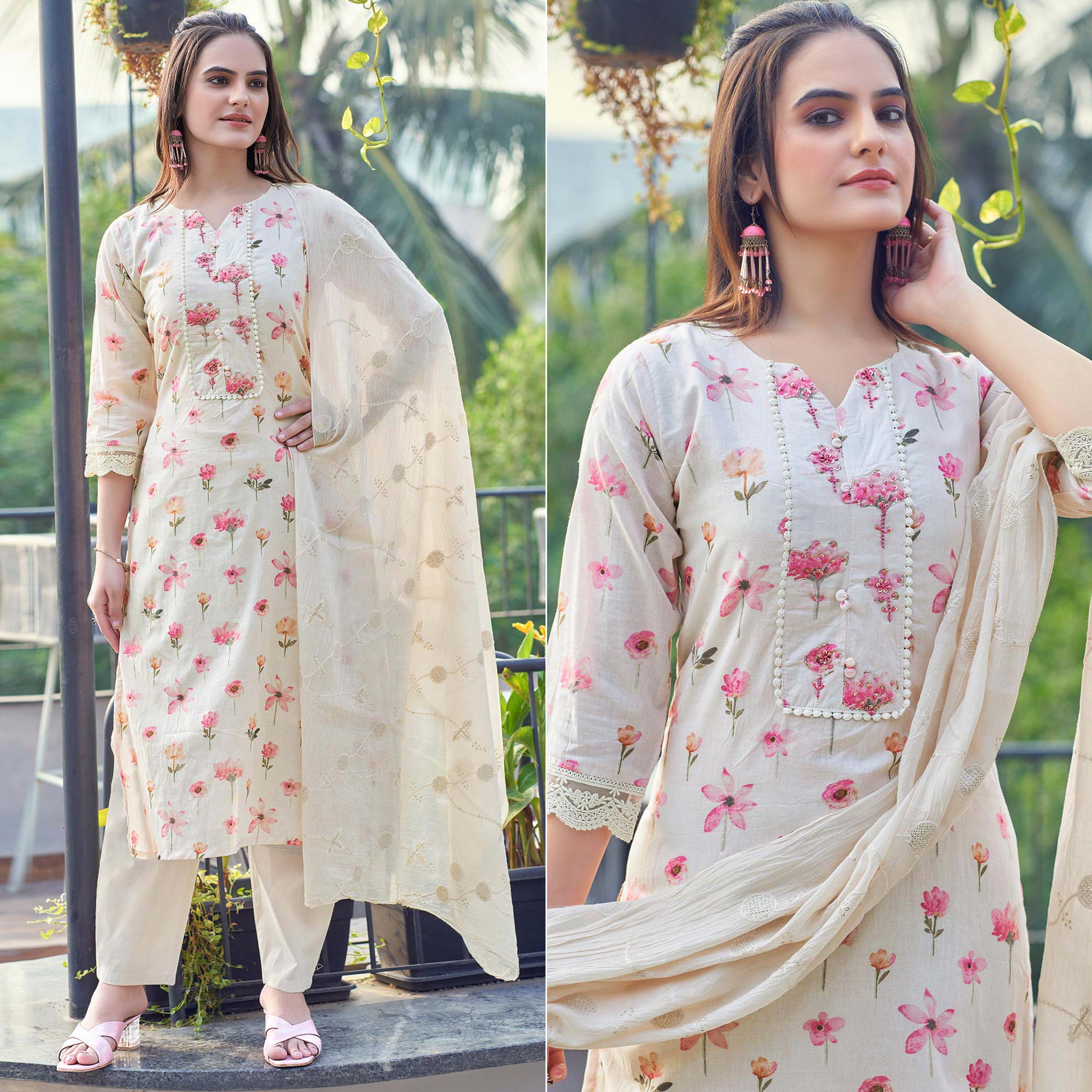 Off White & Pink Floral Printed Pure Cotton Salwar Suit
