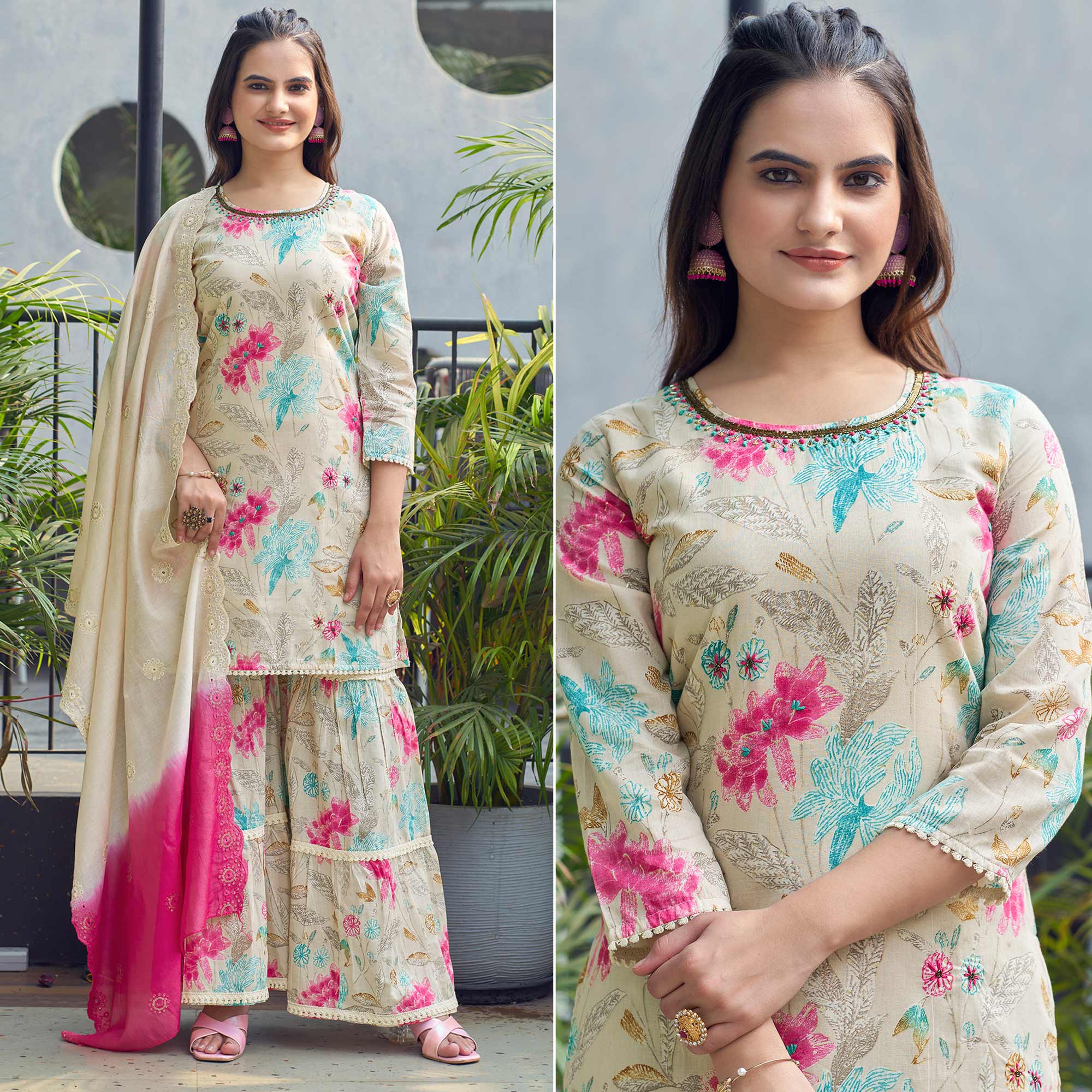 White Floral Foil Printed Mulmul Cotton Sharara Suit