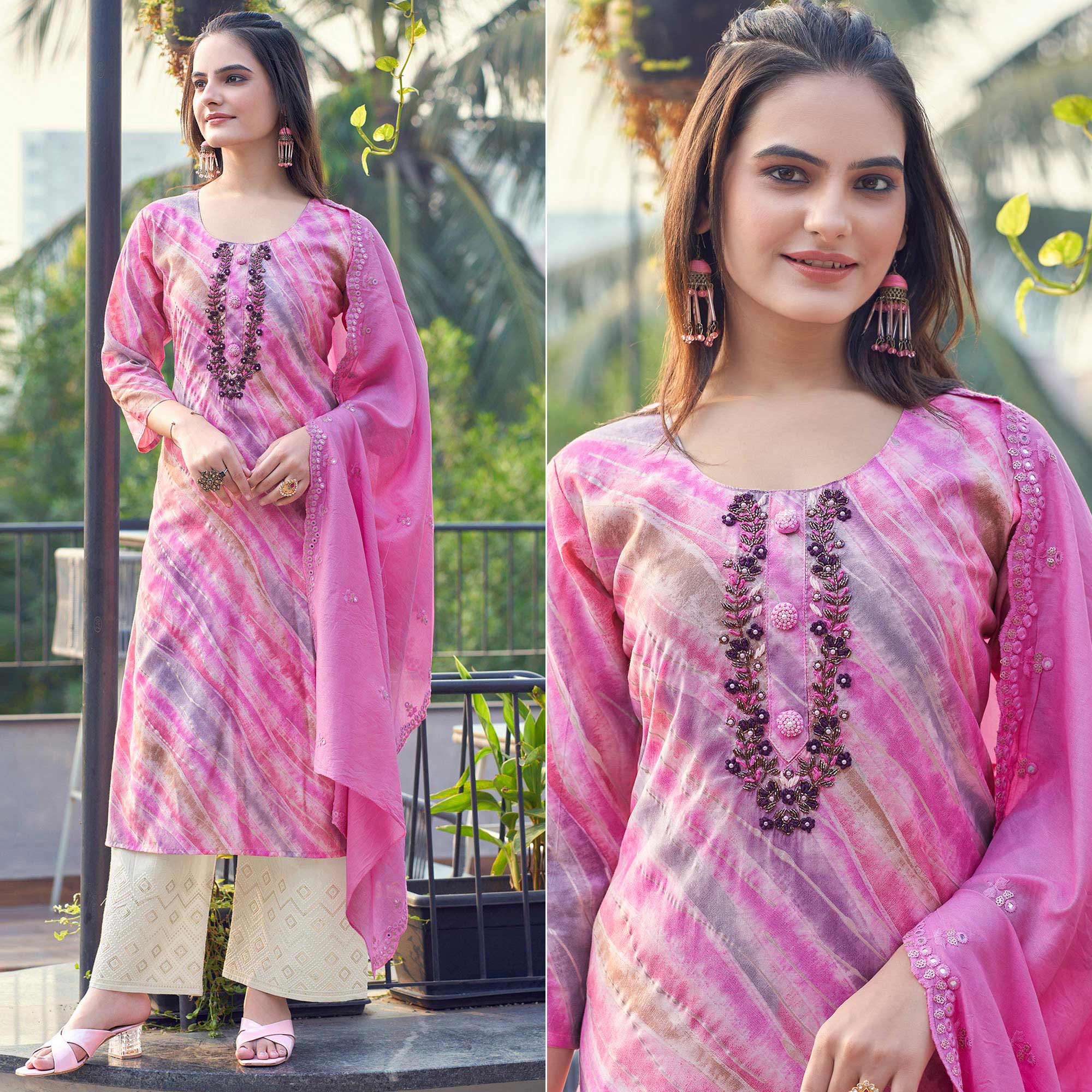 Pink Foil Printed Chanderi Silk Salwar Suit