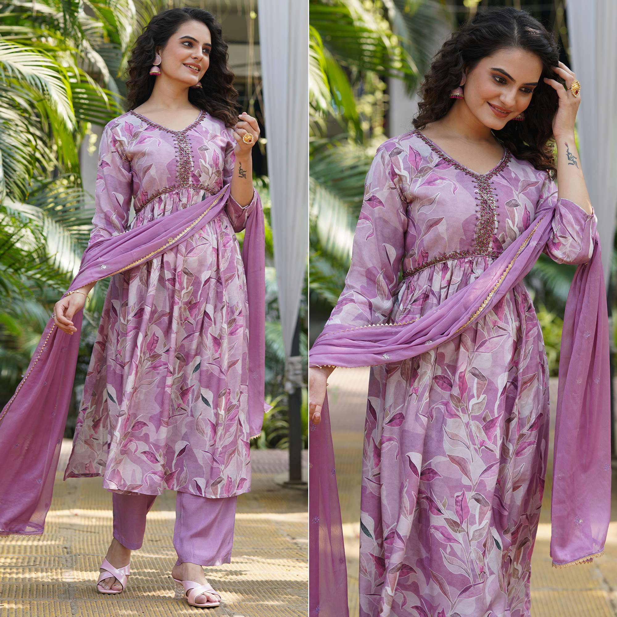 Lavender Muslin Digital Printed Alia Cut Suit With Beads Handcraft