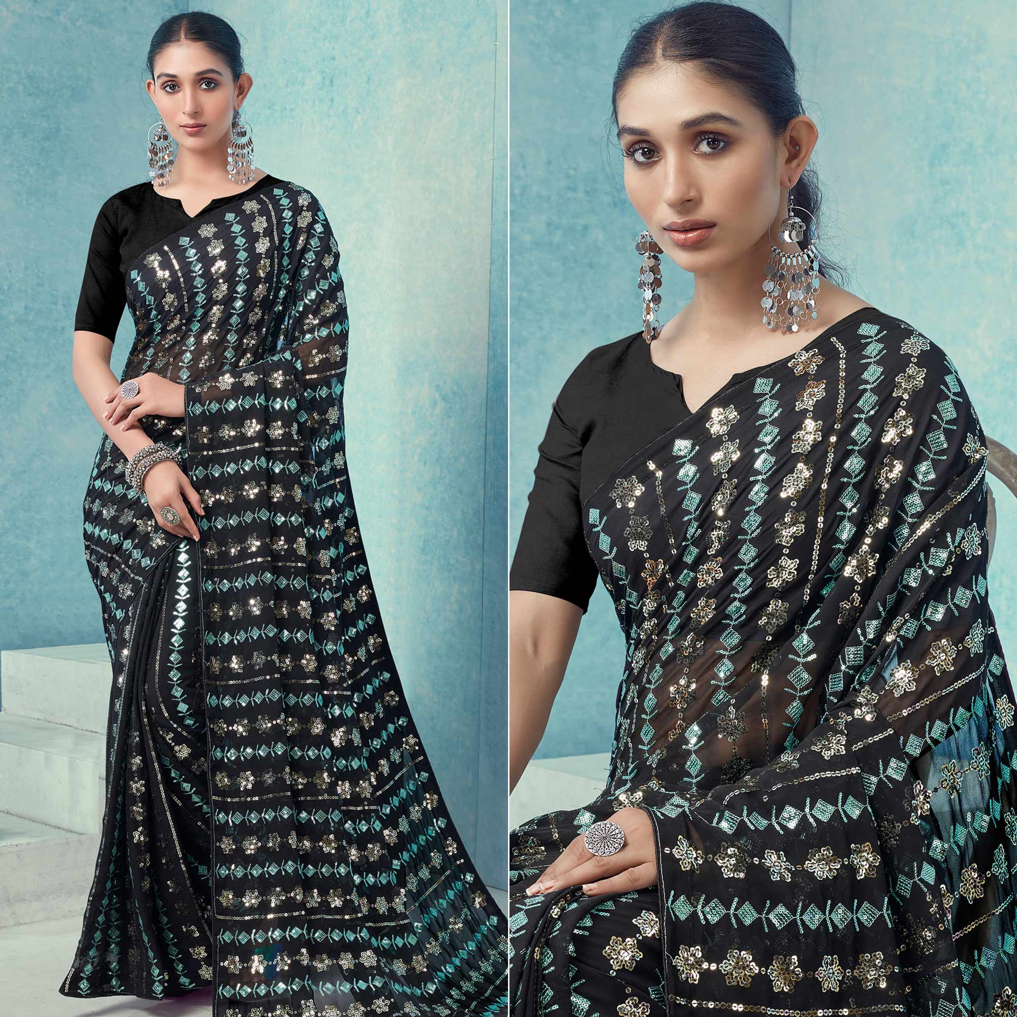 Black Sequins Embroidered Georgette Saree
