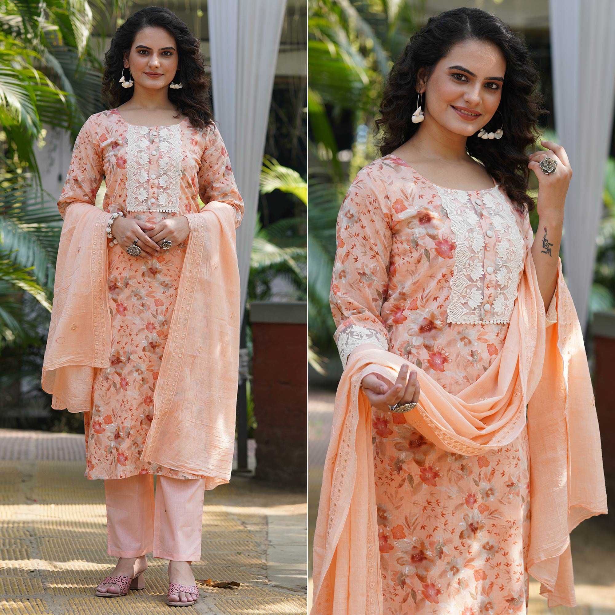 Peach Straight Pure Cotton Suit With Foil Print & Yoke Embroidery