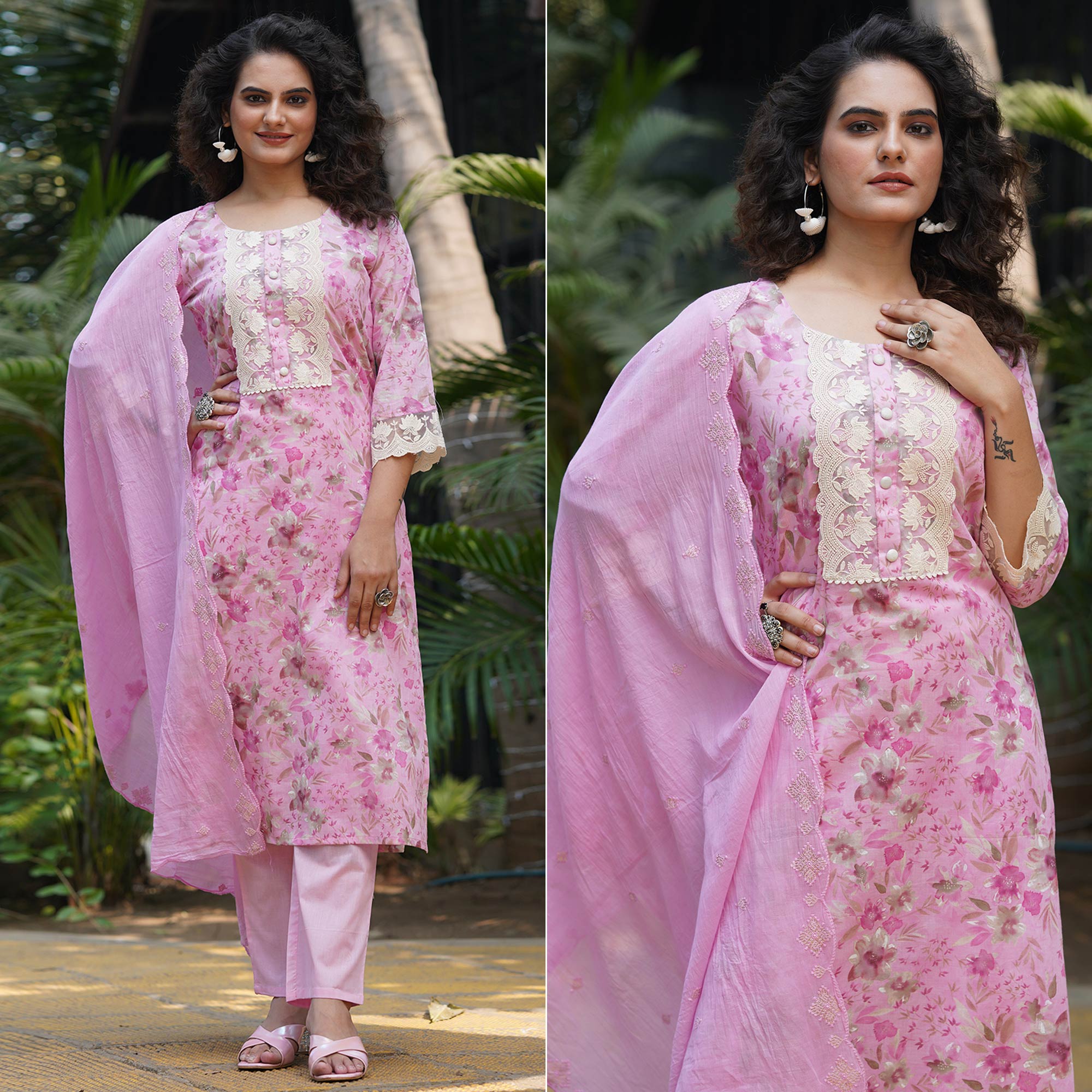 Pink Straight Pure Cotton Suit With Foil Print & Yoke Embroidery