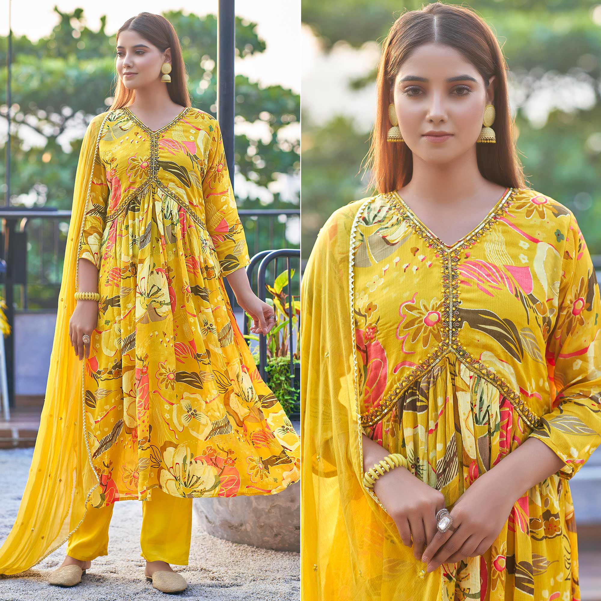 Mustard Chinon Alia Cut Suit with Zardosi Handcraft & Foil Print