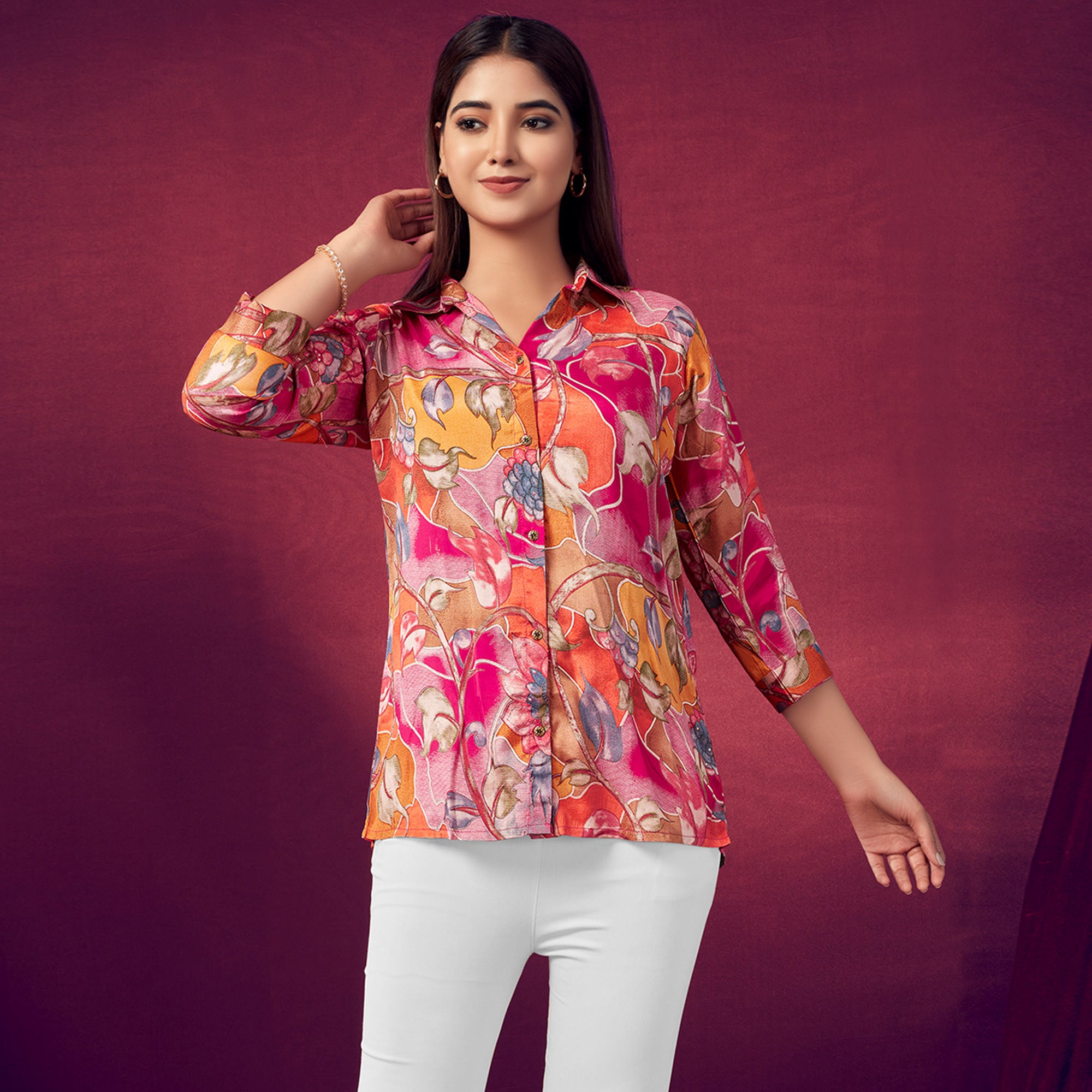 Pink Foil Printed Straight Muslin Top