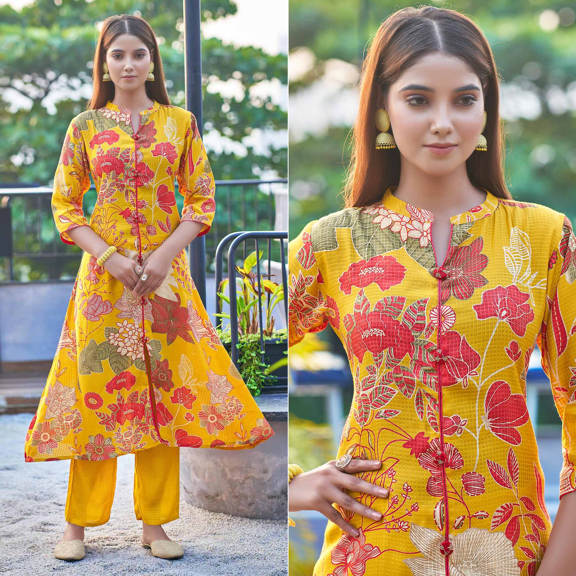 Mustard Floral Foil Printed Pure Cotton Kurti Sets