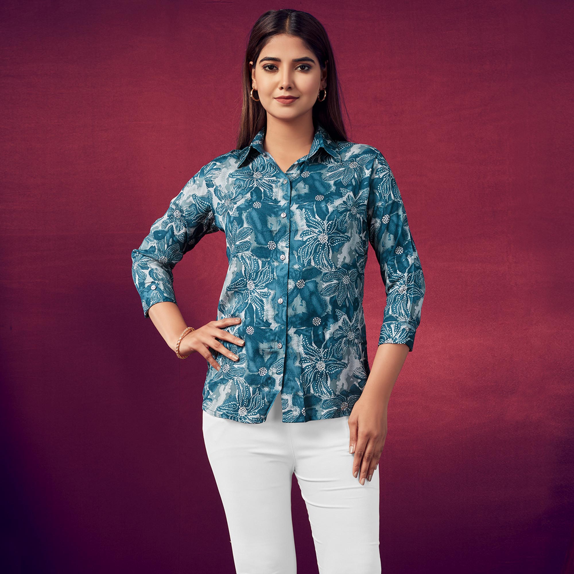 Blue Floral Foil Printed Muslin Top