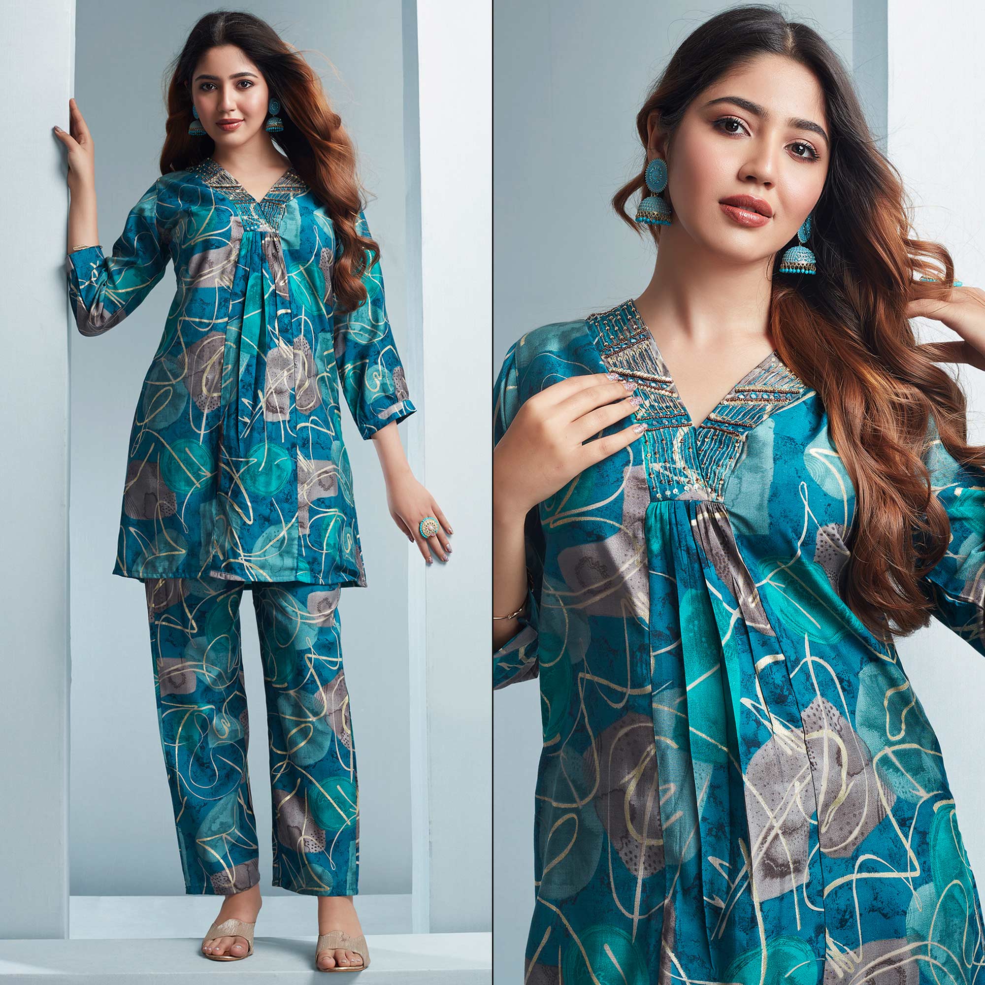 Teal Blue Foil Printed Chanderi Silk Co Ord Set With Handcrafted