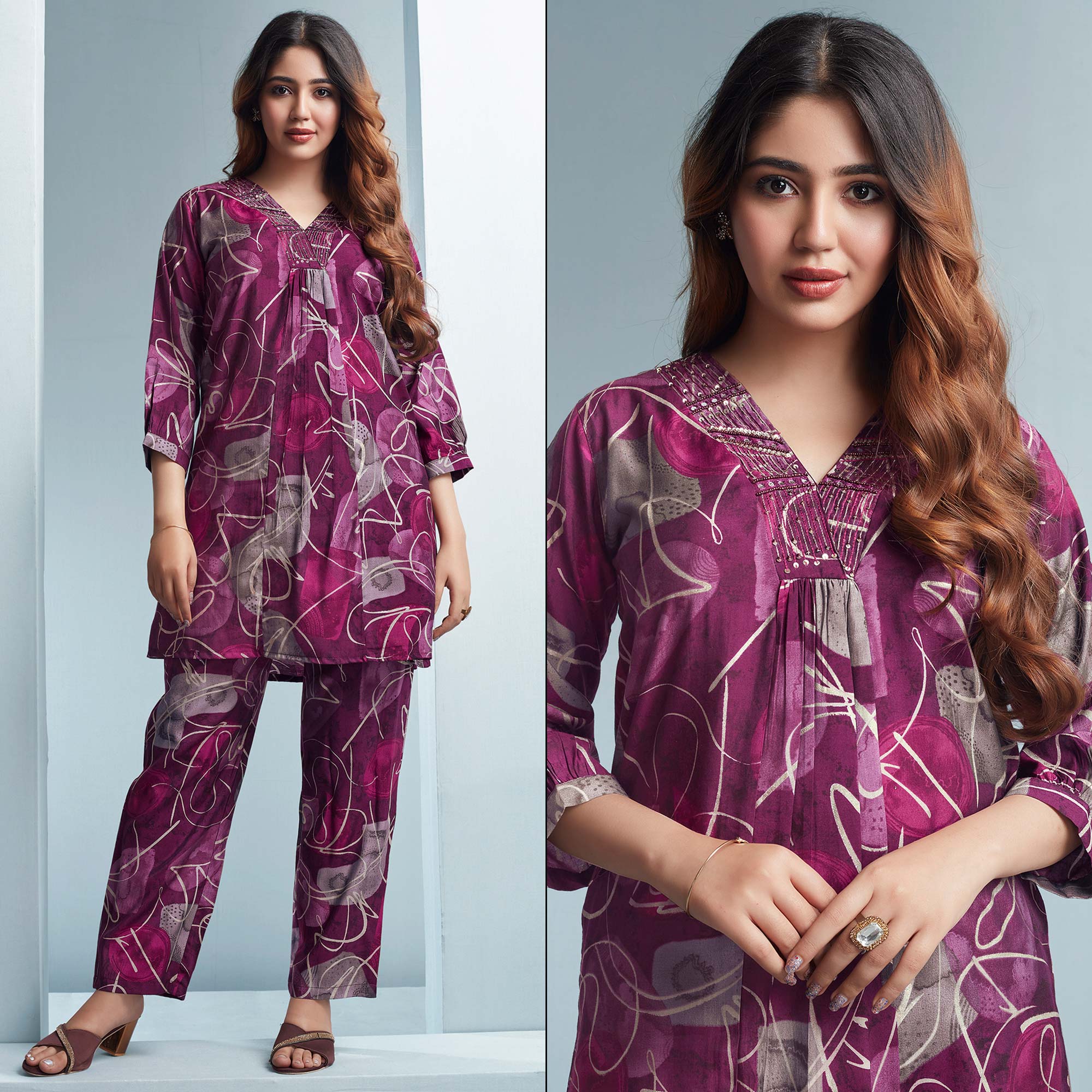 Wine Foil Printed Chanderi Silk Co Ord Set With Handcrafted