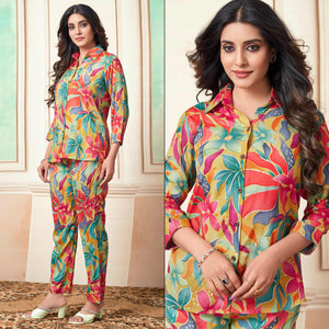 Multicolor Floral Foil Printed Muslin Co Ord Set