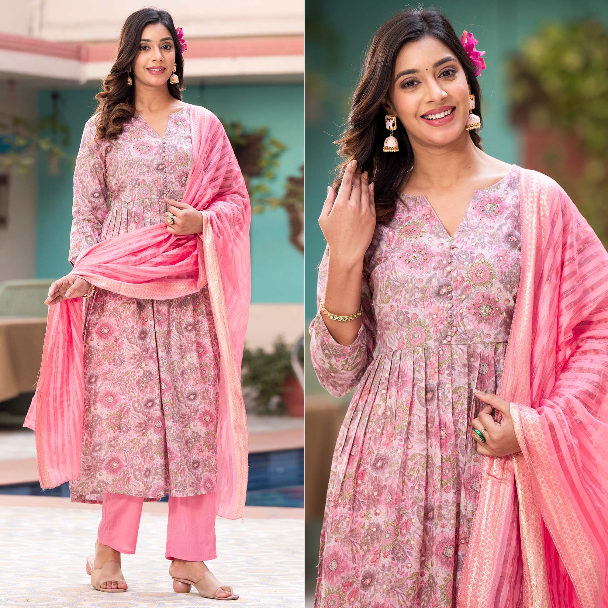 Pink Naira Cut Mulmul Cotton Suit with Handcrafted & Foil Print