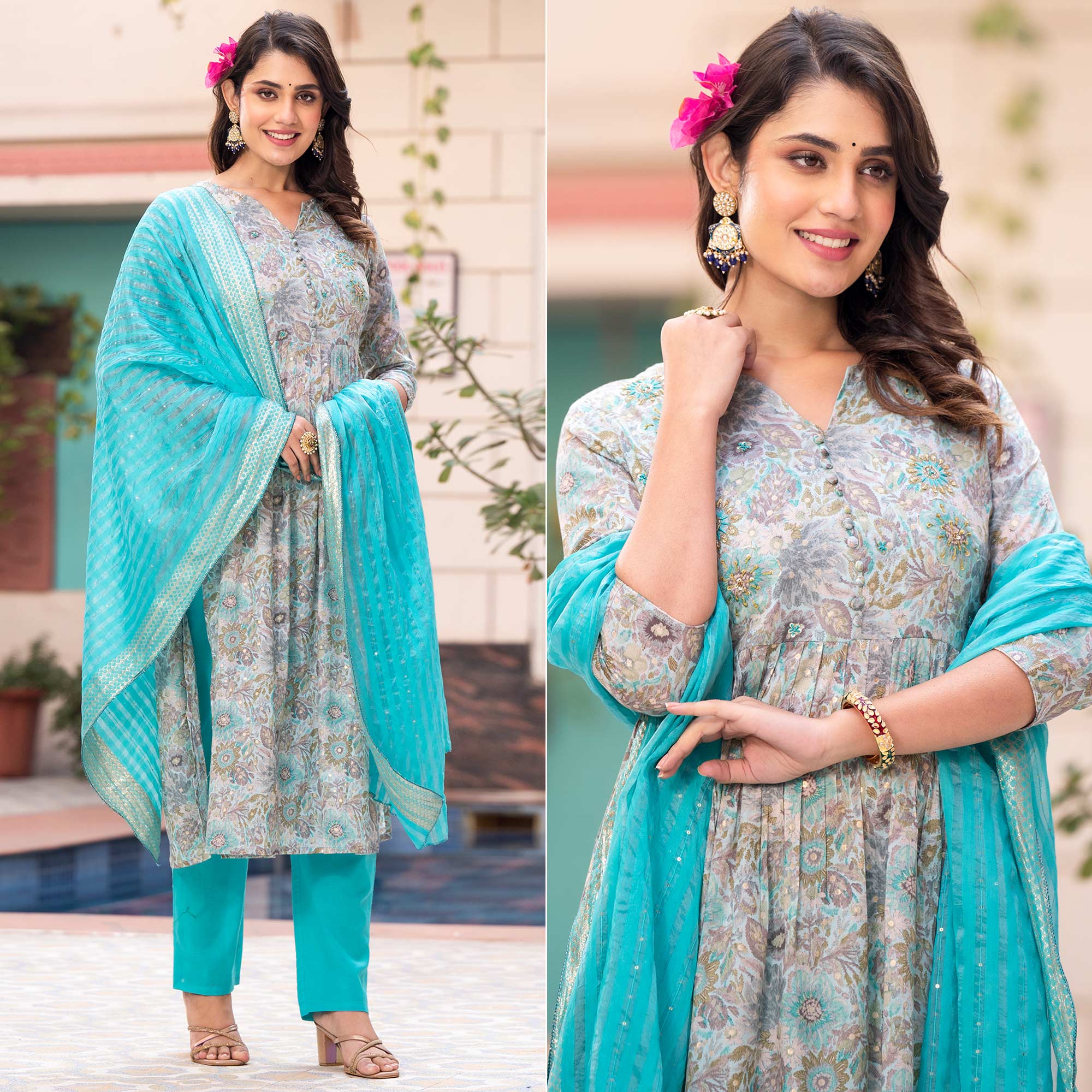 Turquoise Naira Cut Mulmul Cotton Suit with Handcrafted & Foil Print