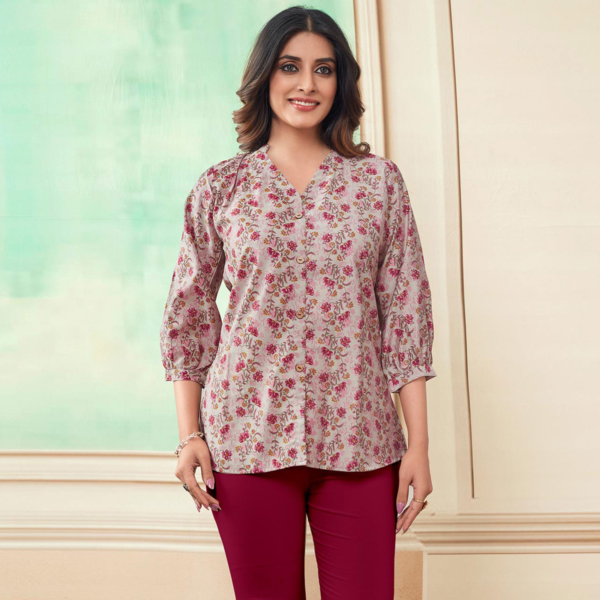 Off White & Magenta Floral Foil Printed Chanderi Silk Top