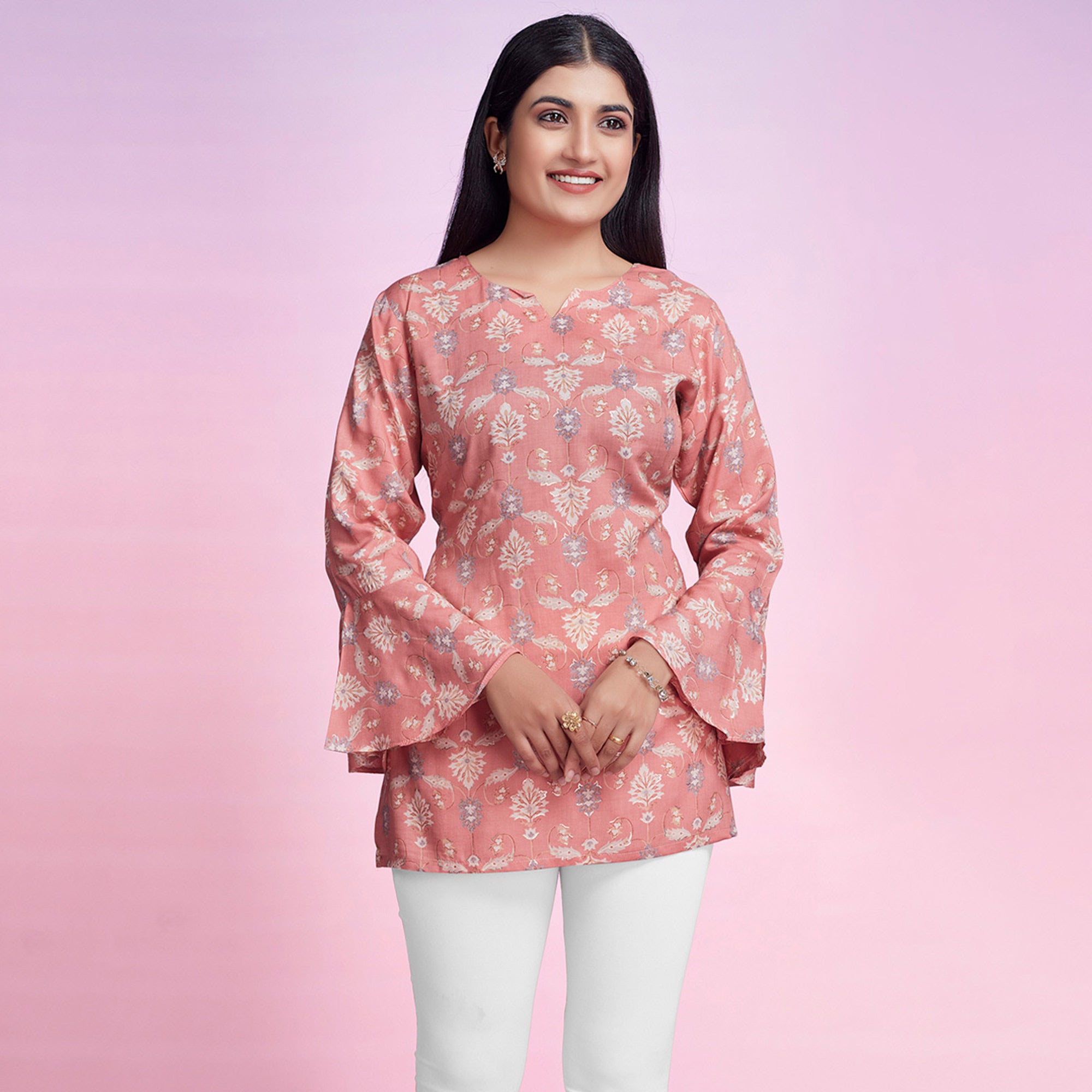 Peach Floral Foil Printed Chanderi Silk Top