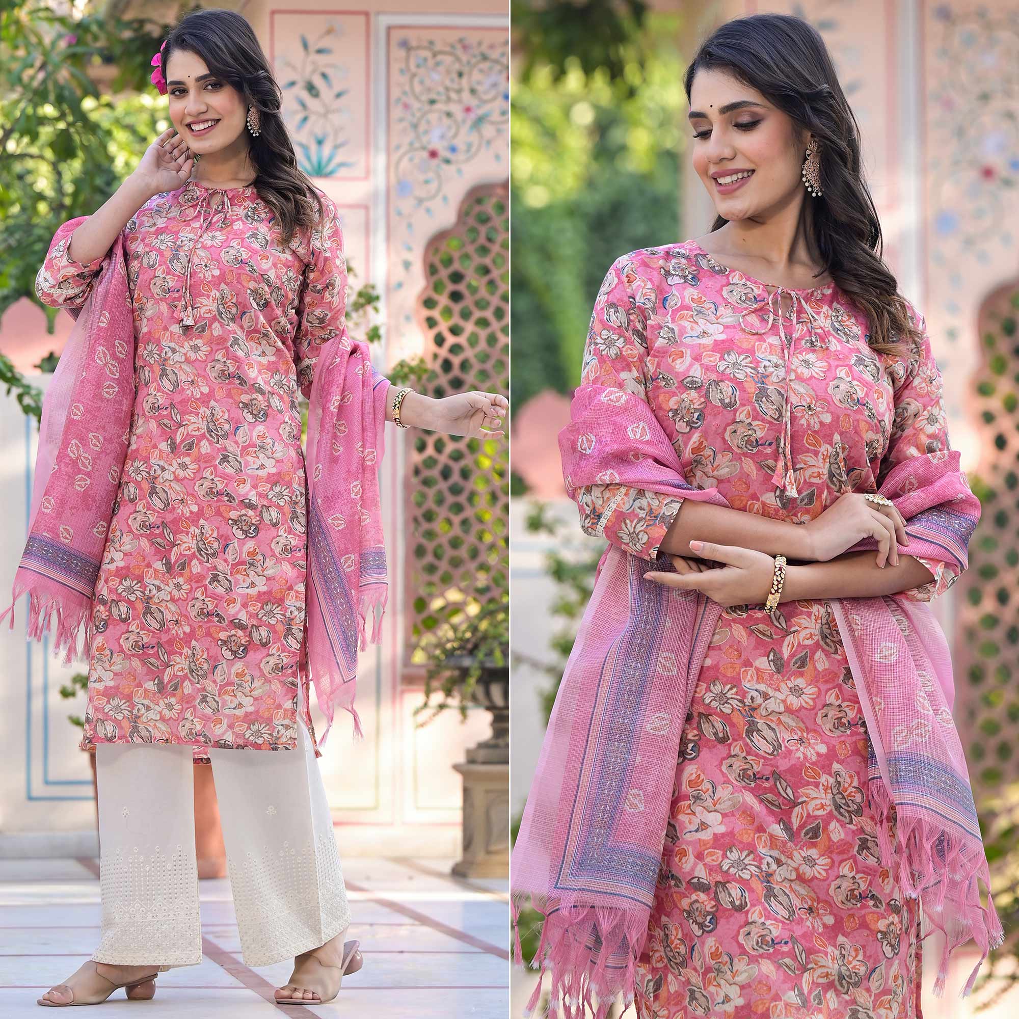 Pink Floral Mul Cotton Suit With Handcrafted & Foil Print