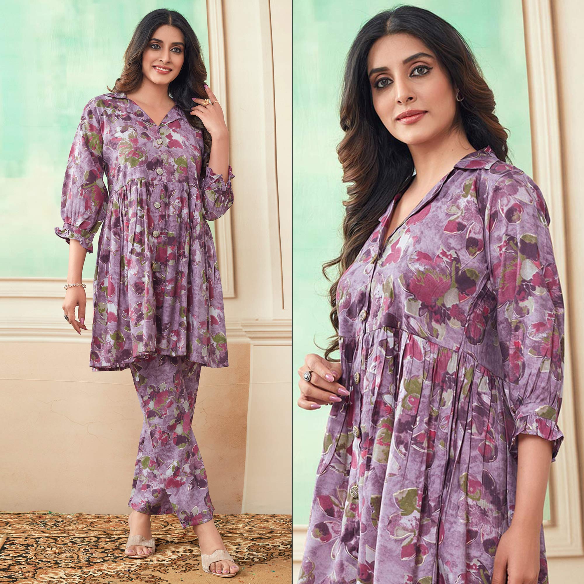 Lavender Floral Foil Printed Chanderi Silk Co Ord Set