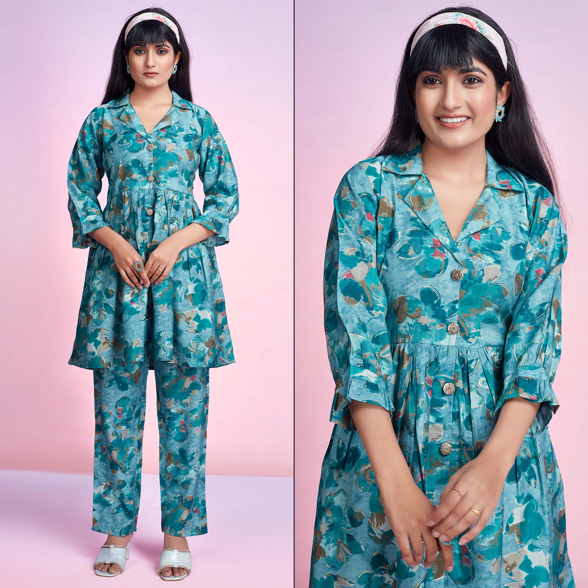 Turquoise Floral Foil Printed Chanderi Silk Co Ord Set