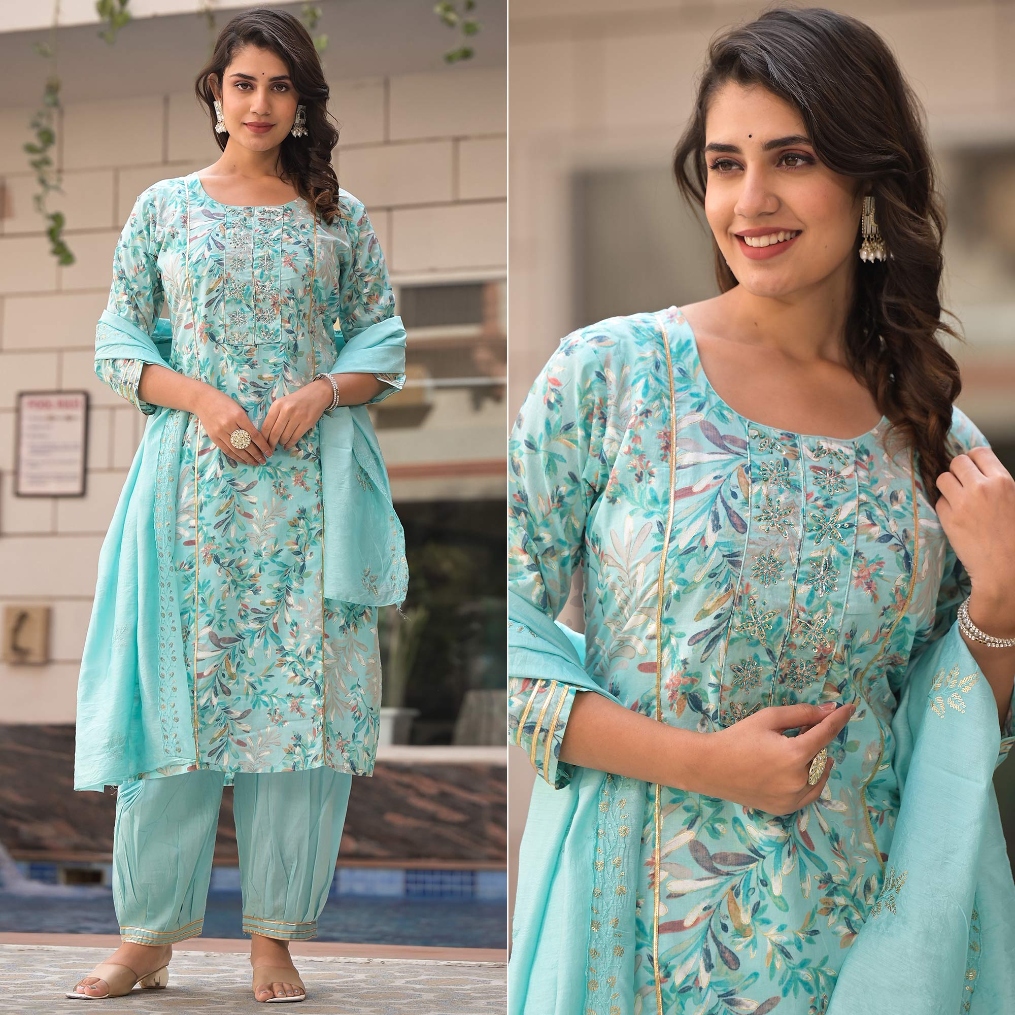 Turquoise Floral Foil Printed Pure Cotton A-Line Salwar Suit