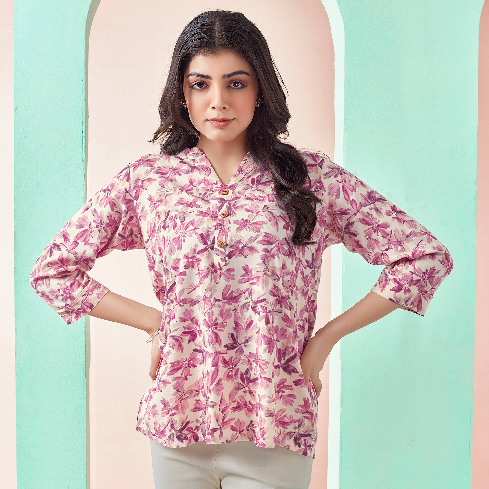 Cream & Pink Floral Foil Printed Rayon Straight Top