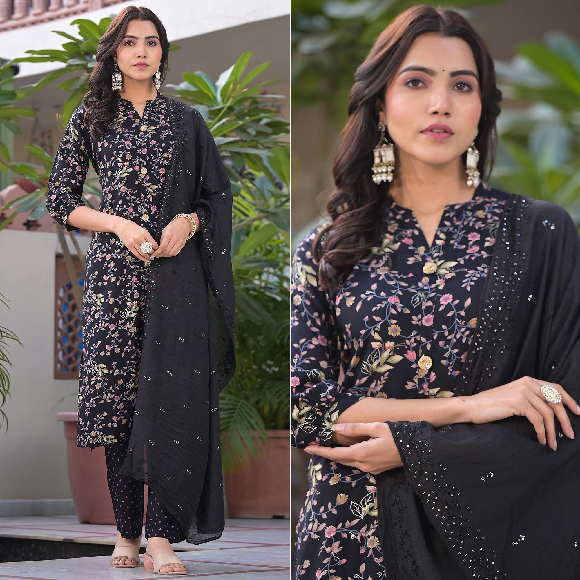 Black Floral Foil Printed Rayon Salwar Suits