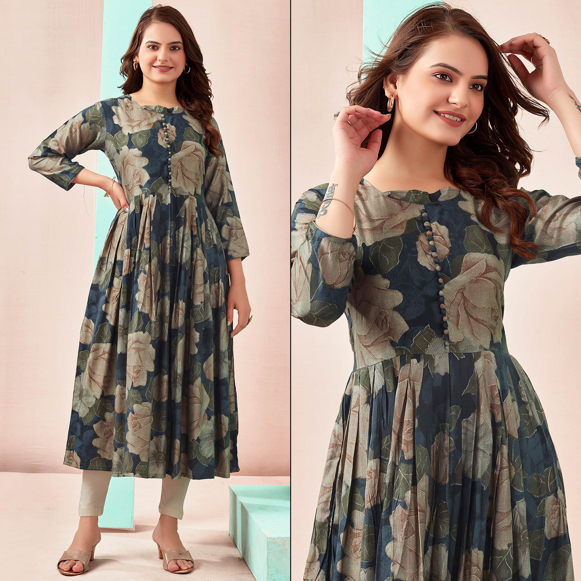 Navy Blue Floral Foil Printed Chanderi Silk Kurti