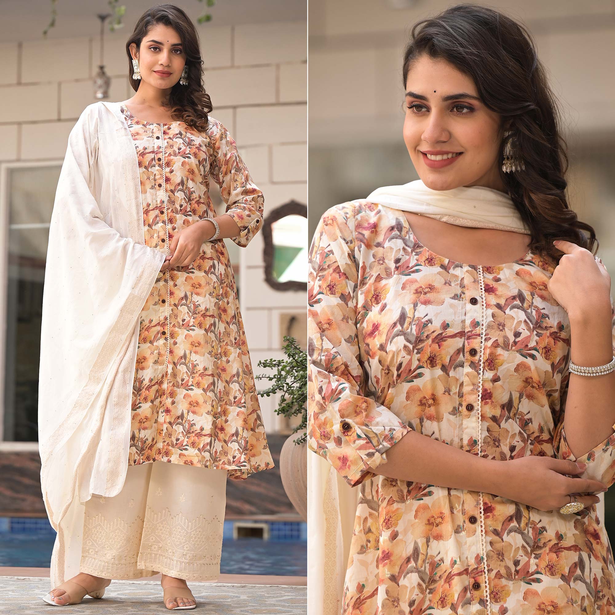 Off White Floral Printed Pure Cotton A-Line Plazzo Suit