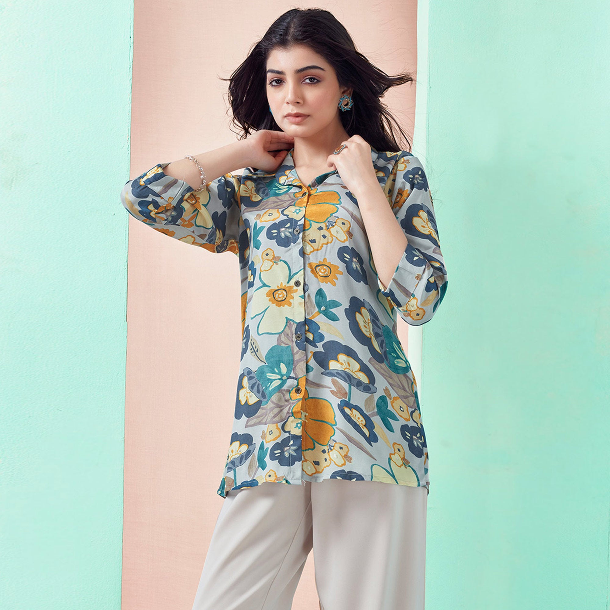 Light Grey Floral Printed Muslin Top