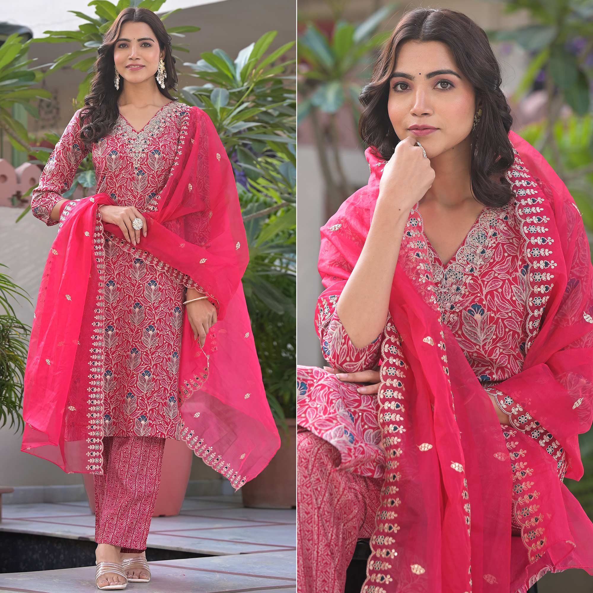 Pink Foil Printed Chanderi Straight Cut Salwar Suit
