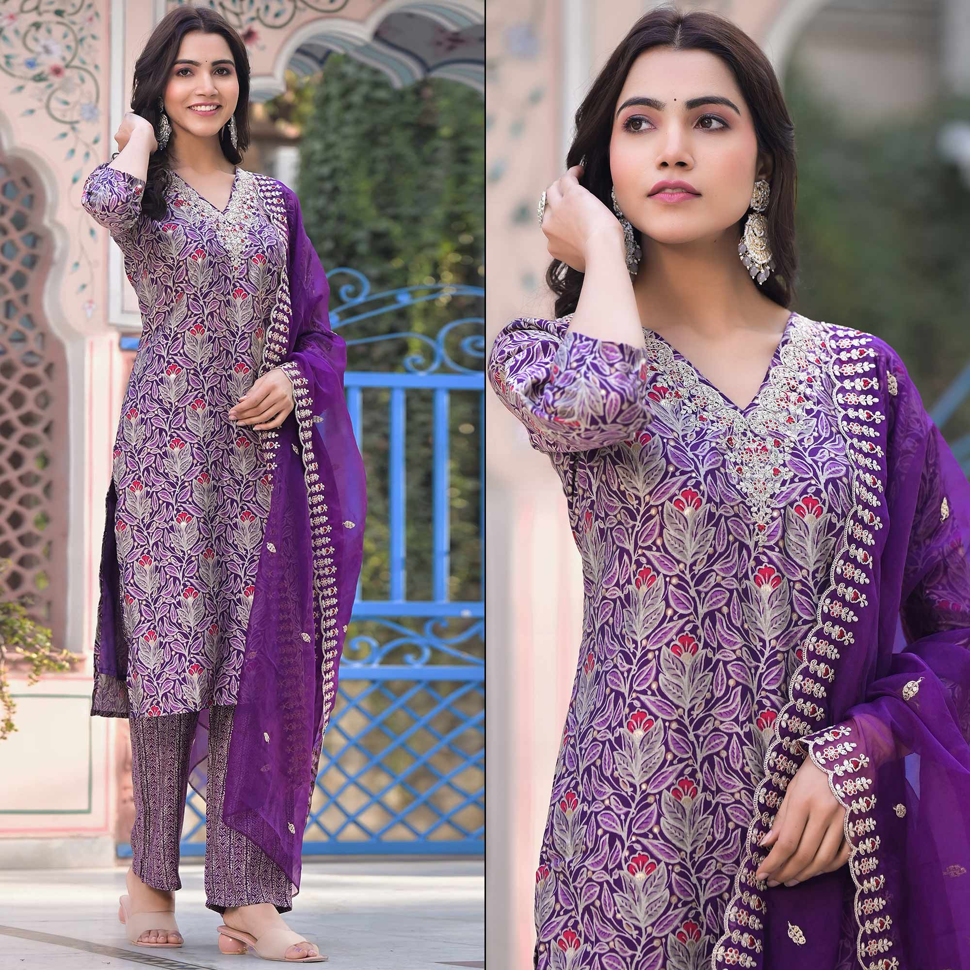 Purple Foil Printed Chanderi Straight Cut Salwar Suit