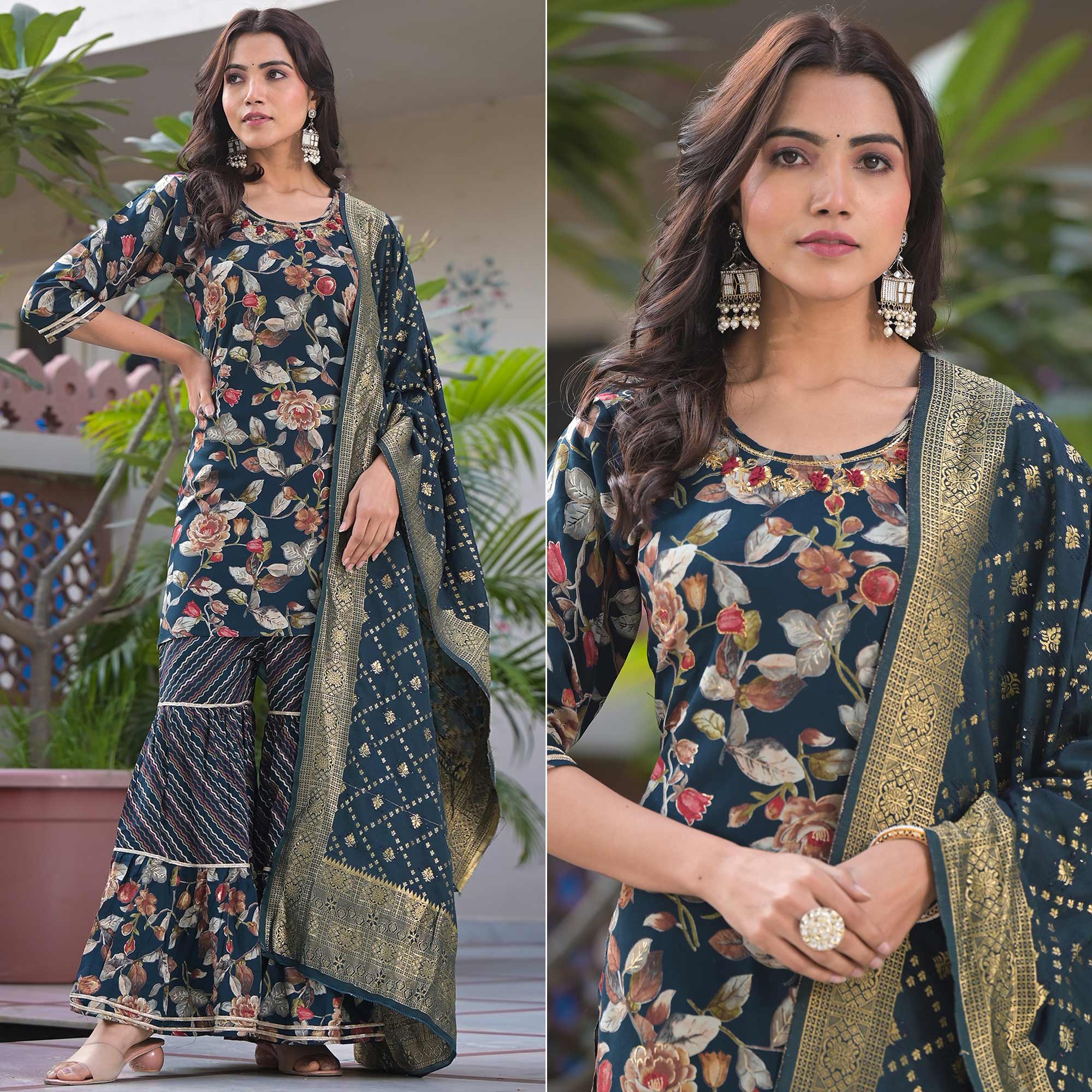 Green Floral Foil Printed Rayon Sharara Suit With Handcrafted