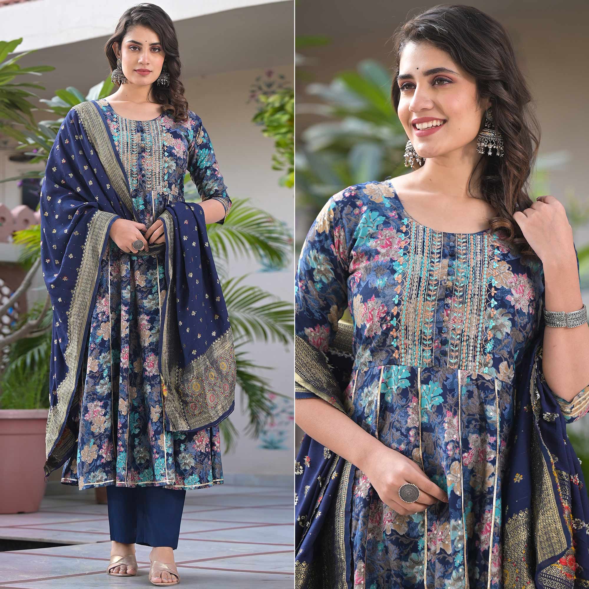 Navy Blue Floral Foil Printed Chanderi Silk Anarkali Salwar Suit