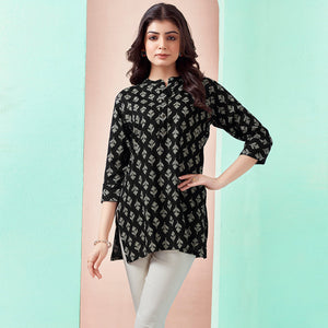 Black Floral Printed Rayon Straight Top