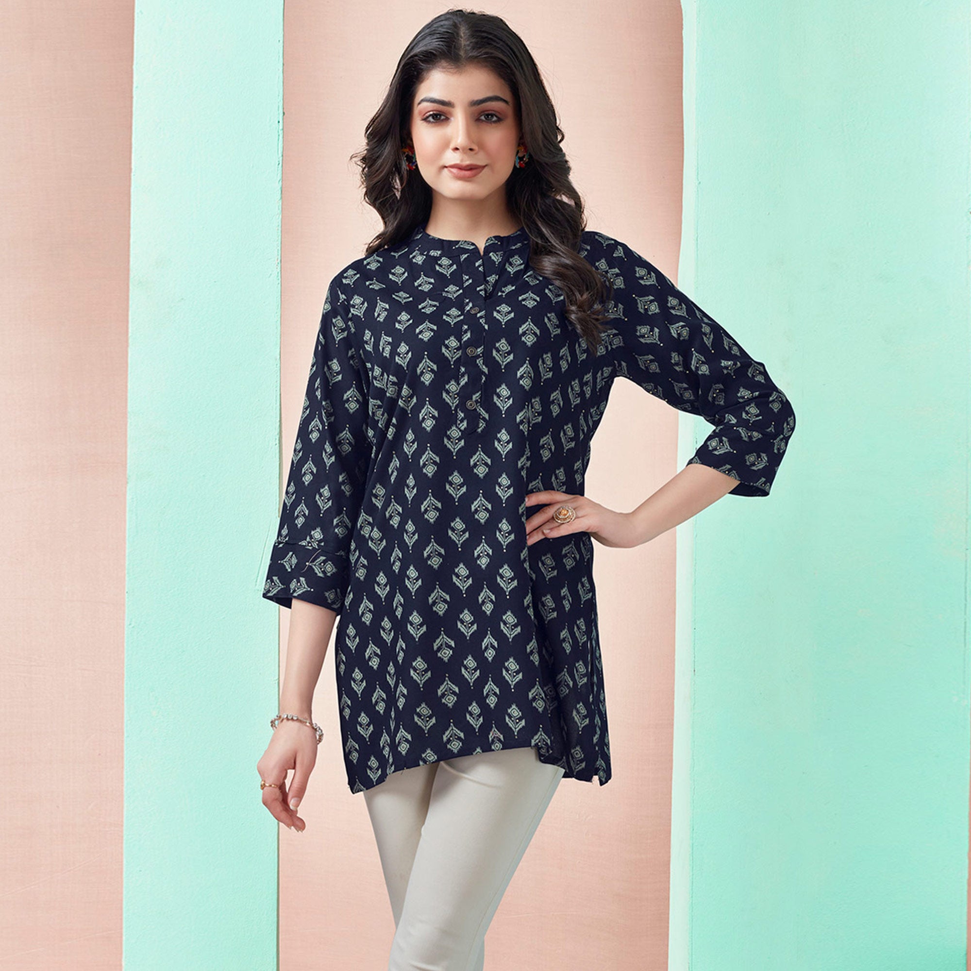 Navy Blue Floral Printed Rayon Straight Top