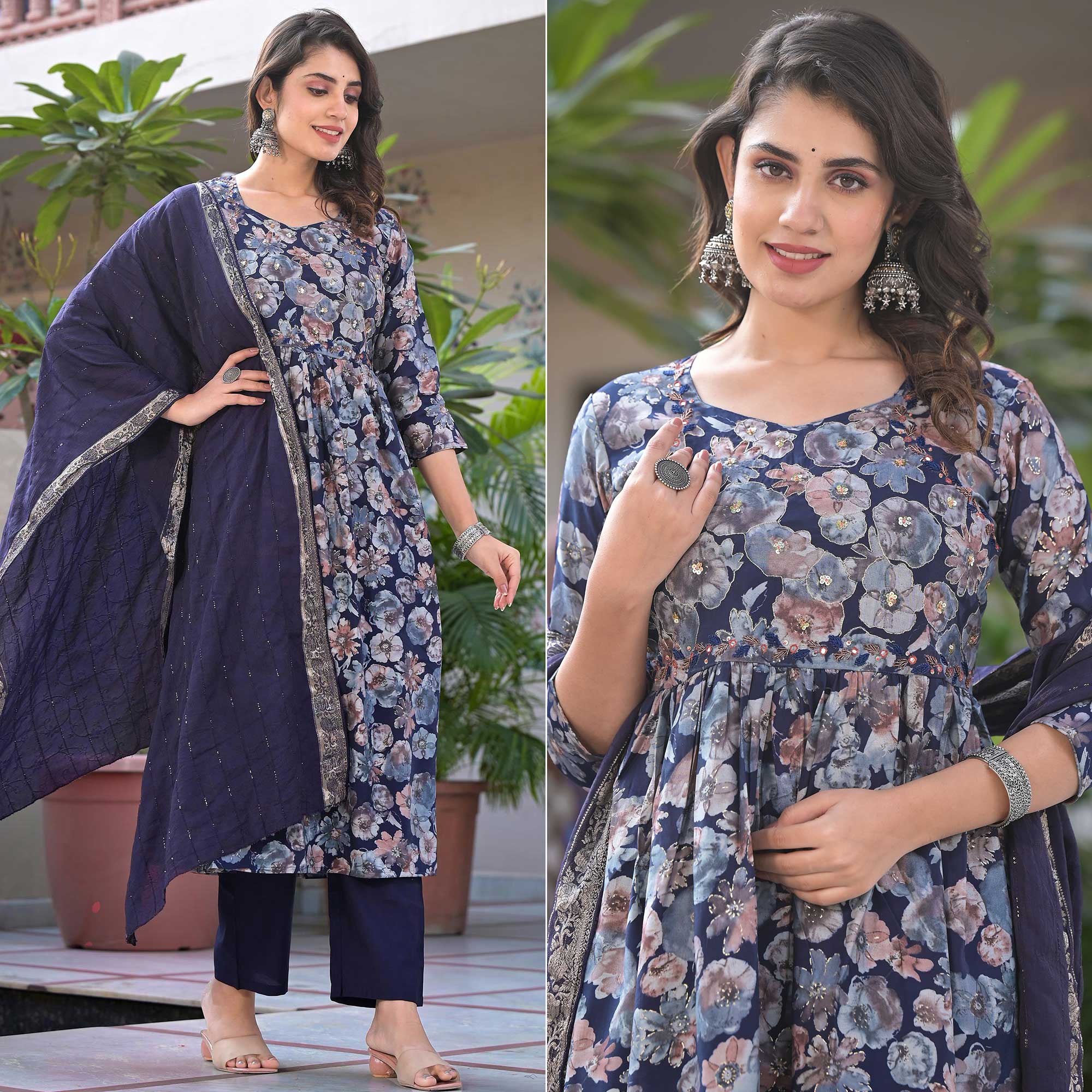 Navy Blue Floral Printed Chanderi Silk Salwar Suit With Handcrafted