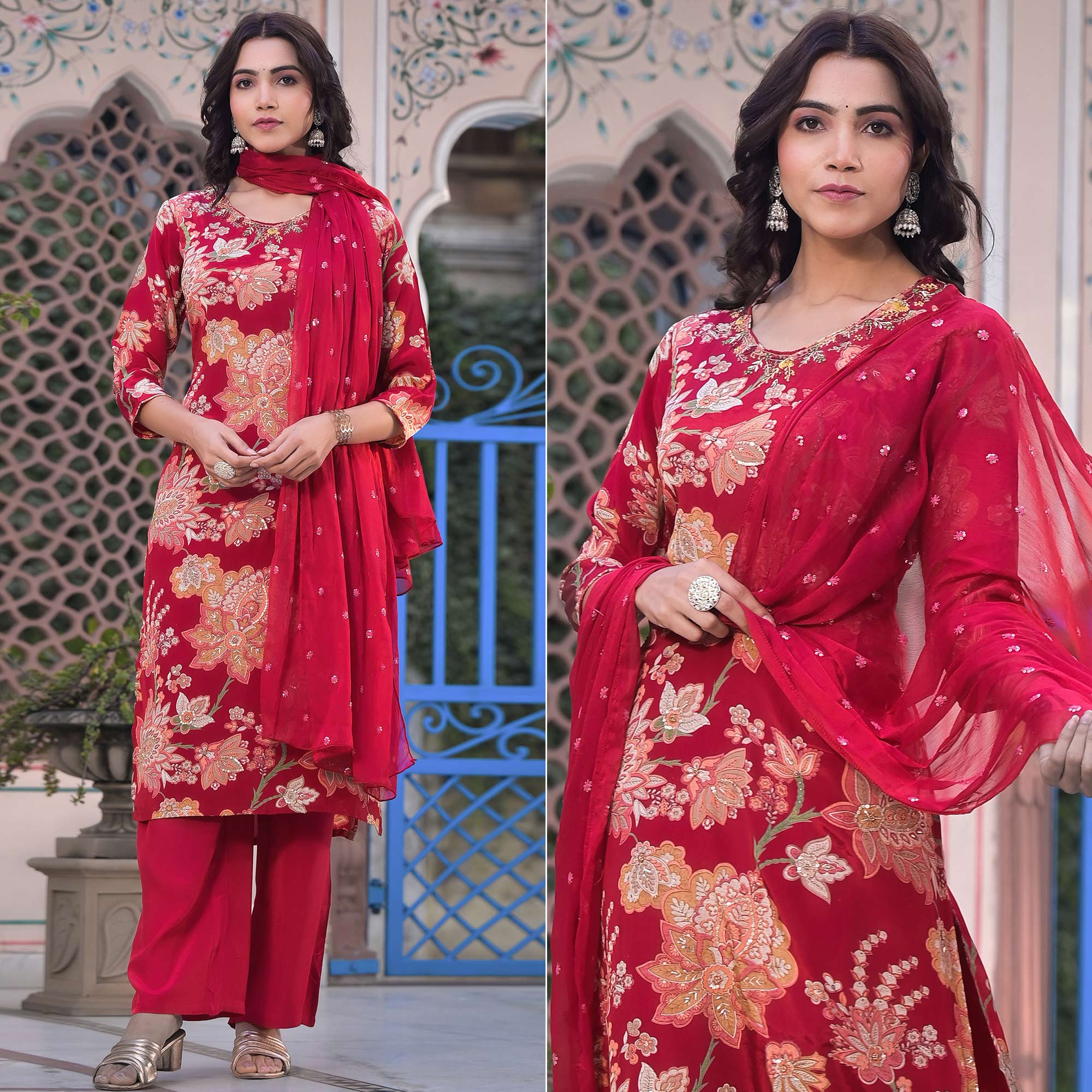 Red Floral Printed Beads Embroidered Crepe Salwar Suit