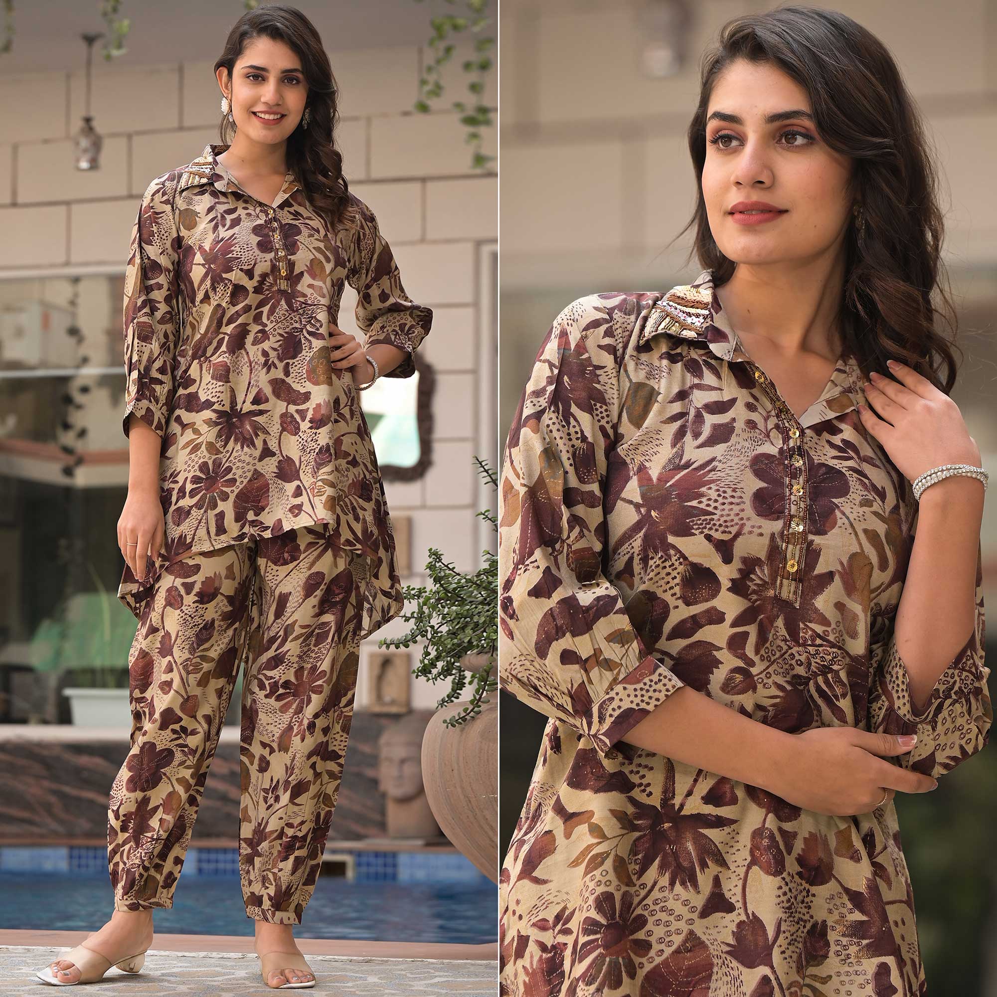 Wine Floral Foil Print Beads Embroidered Chanderi Silk Co Ord Set
