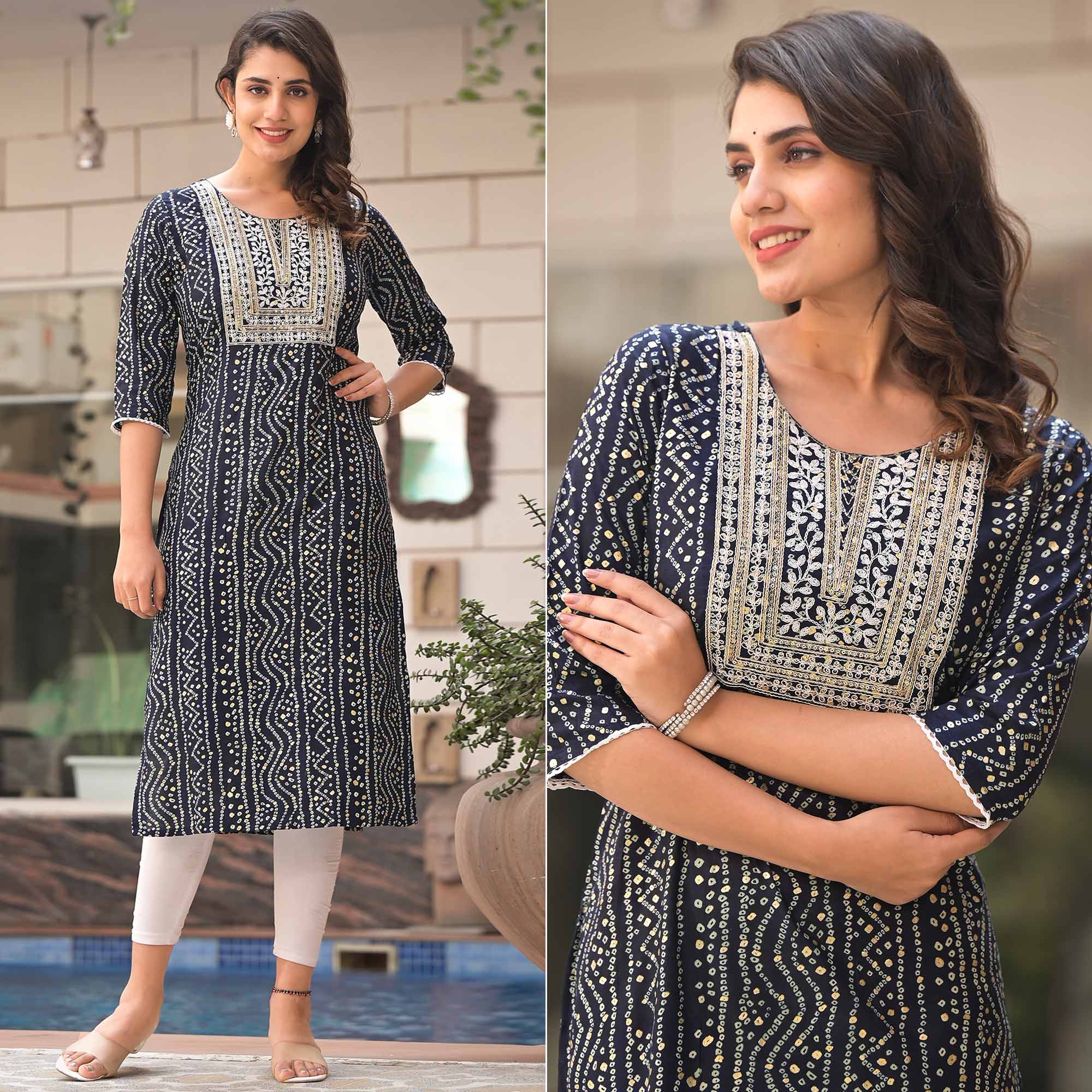 Blue Foil Bandhani Printed With Embroidered Rayon Kurti