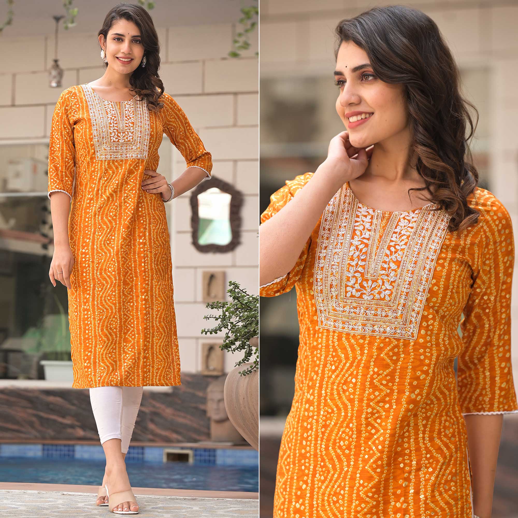 Mustard Foil Bandhani Printed With Embroidered Rayon Kurti