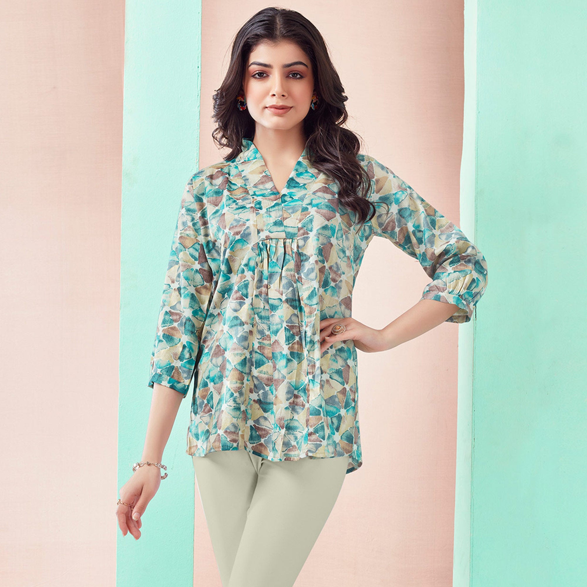 Turquoise Foil Printed Rayon A-Line Top
