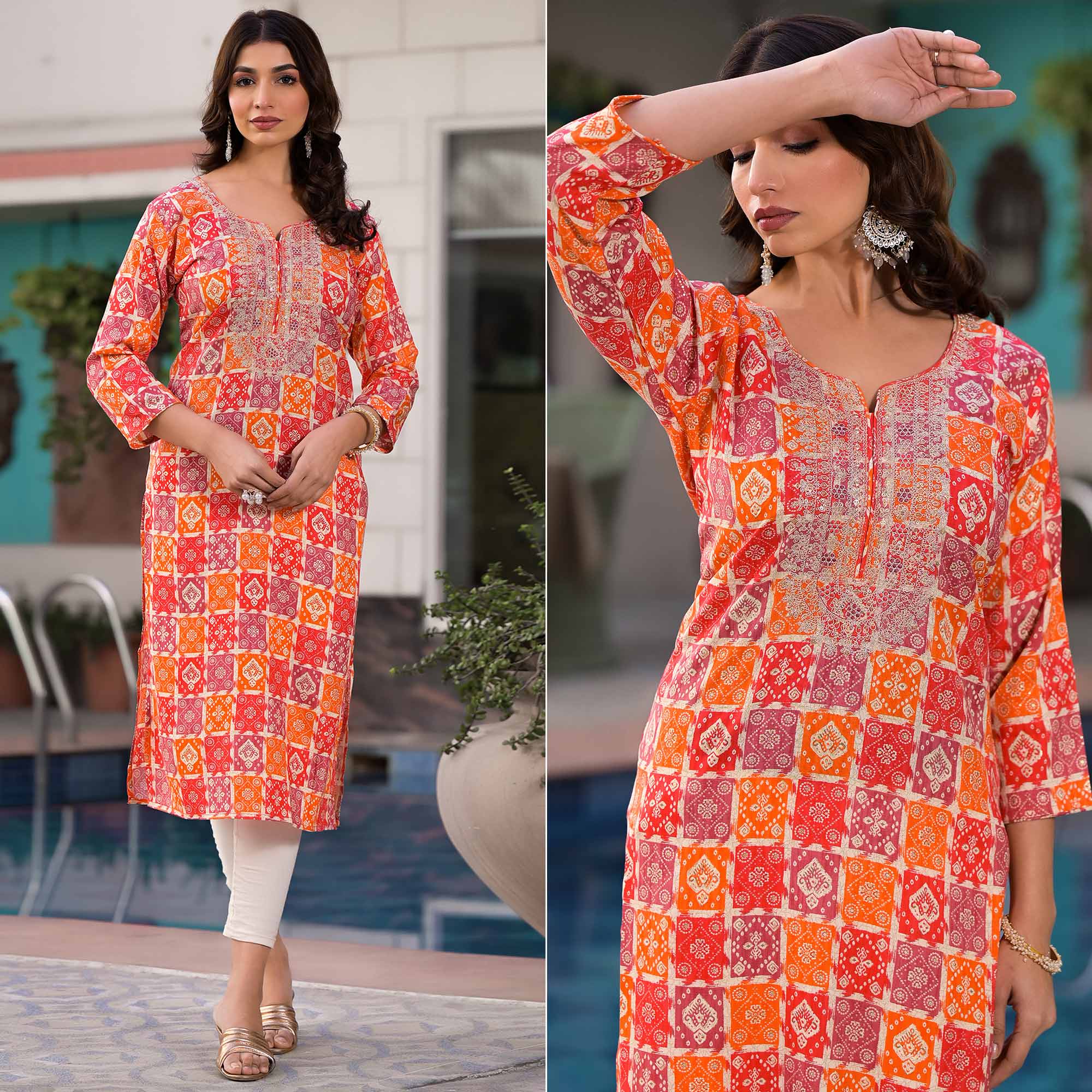 Red & Orange Bandhani Foil Printed Rayon Straight Kurti