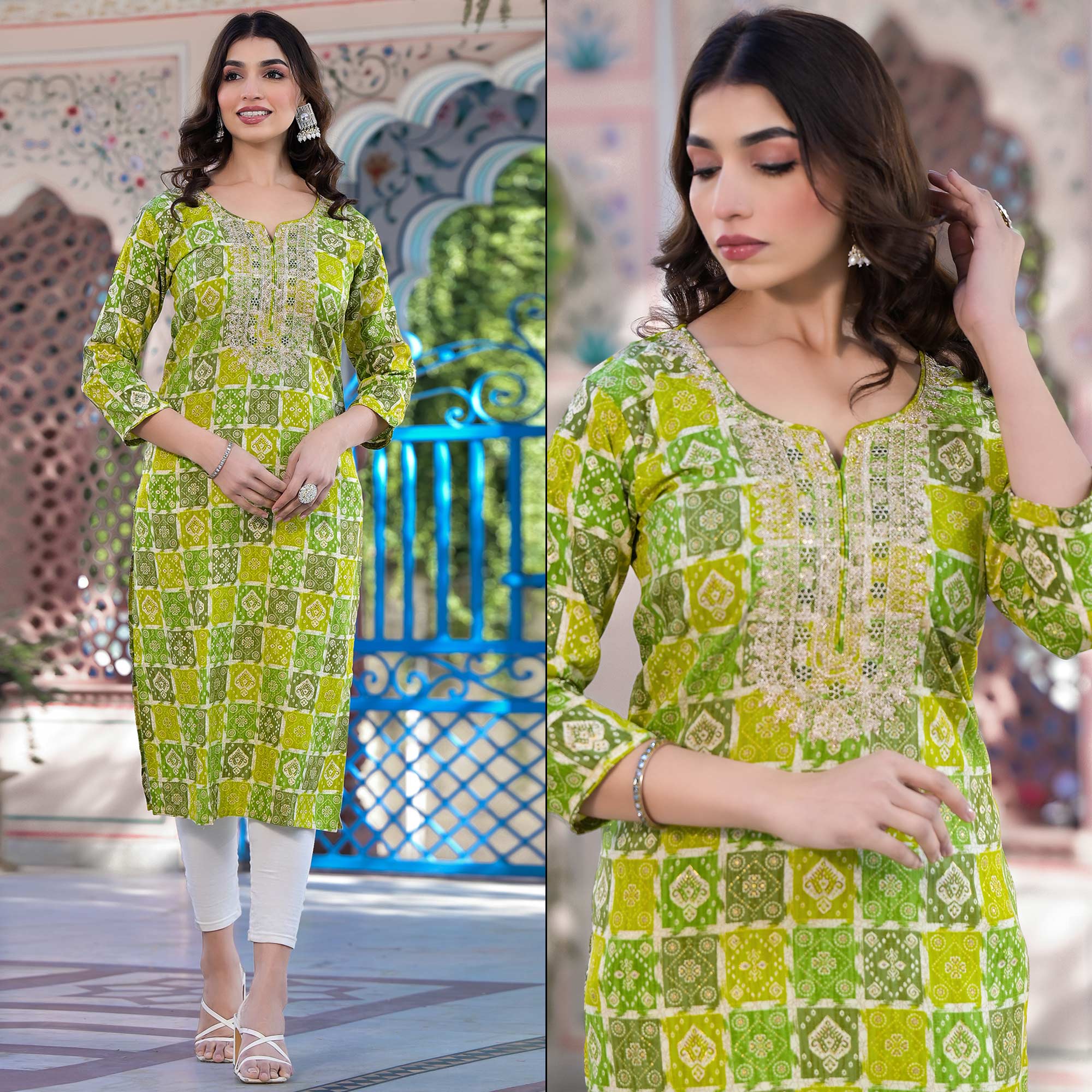 Yellow & Green Bandhani Foil Printed Rayon Straight Kurti