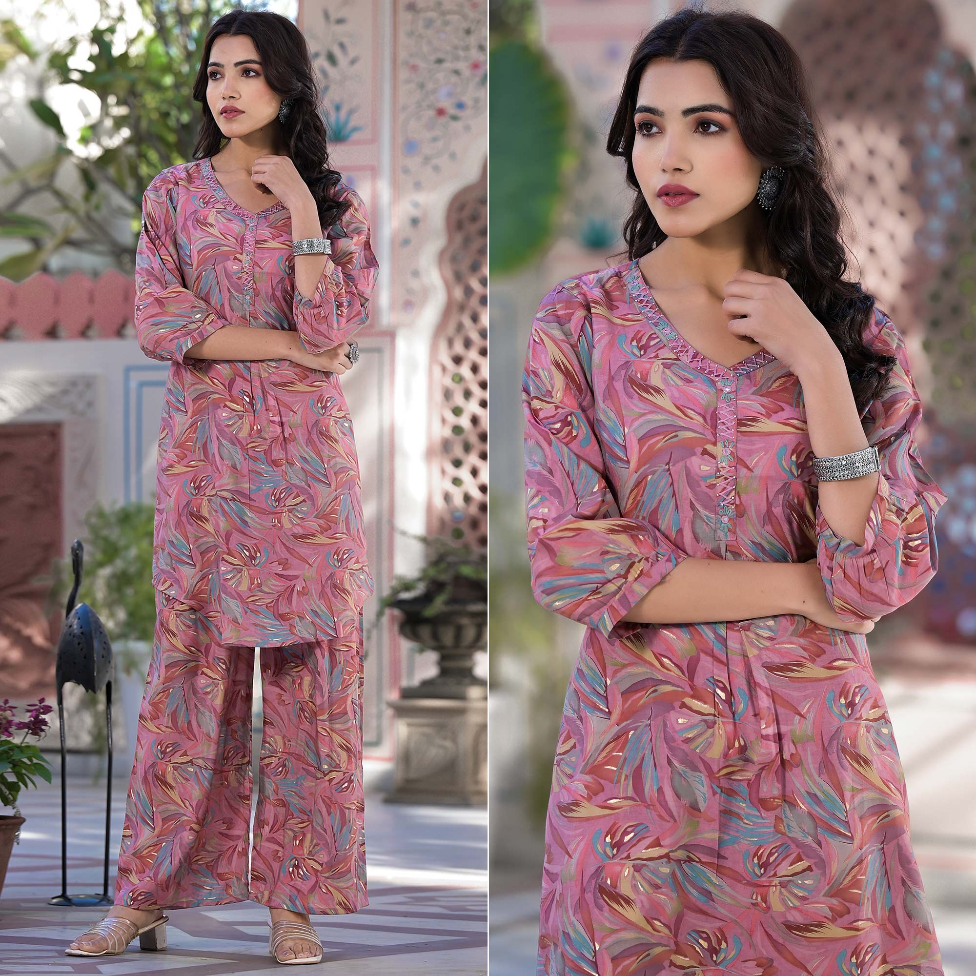 Pink Floral Foil Printed Chanderi Silk Straight Co-ord Set