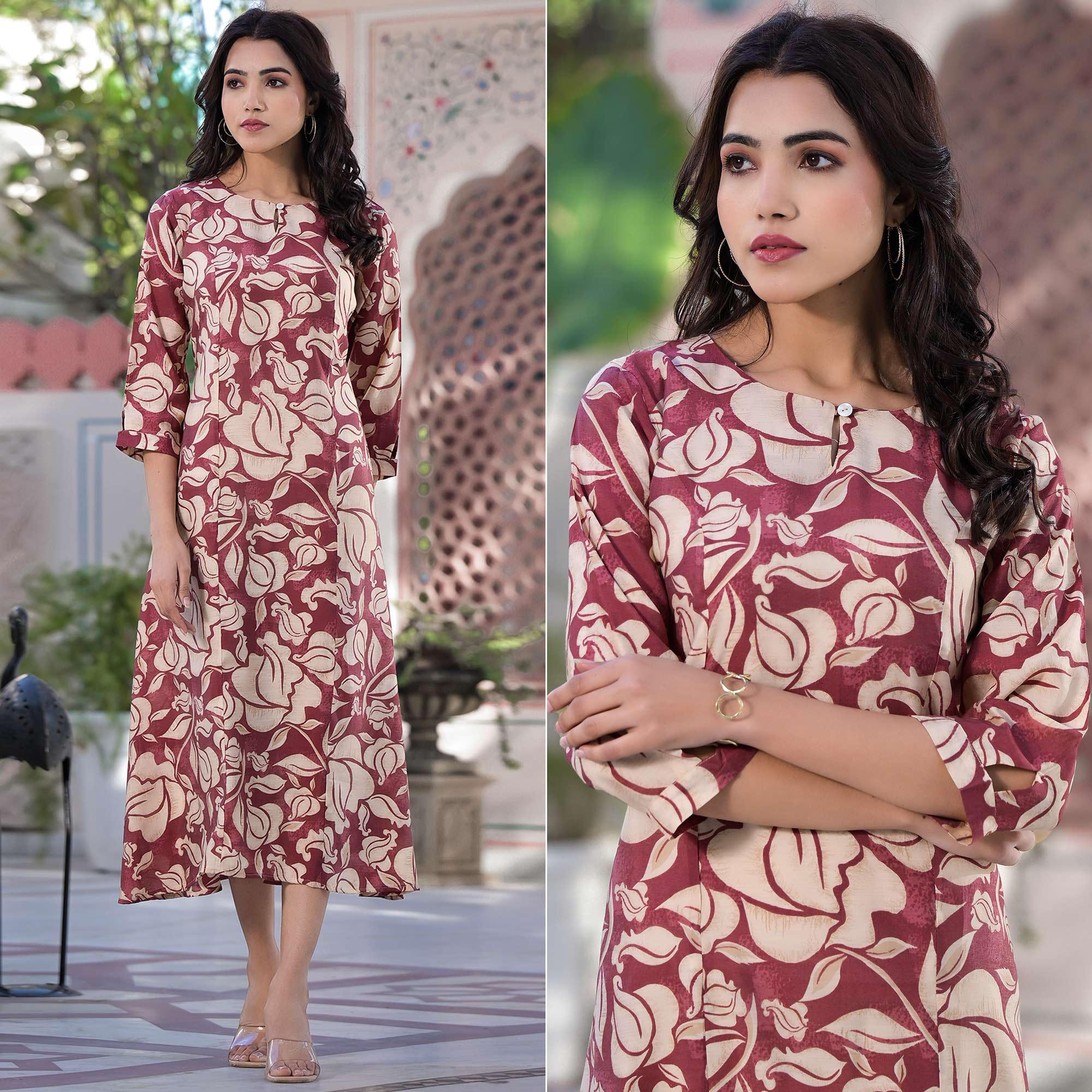 Maroon Floral Printed Chanderi Silk Dress