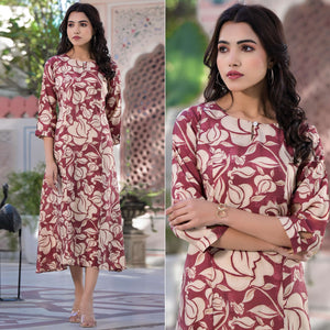 Maroon Floral Printed Chanderi Silk Dress